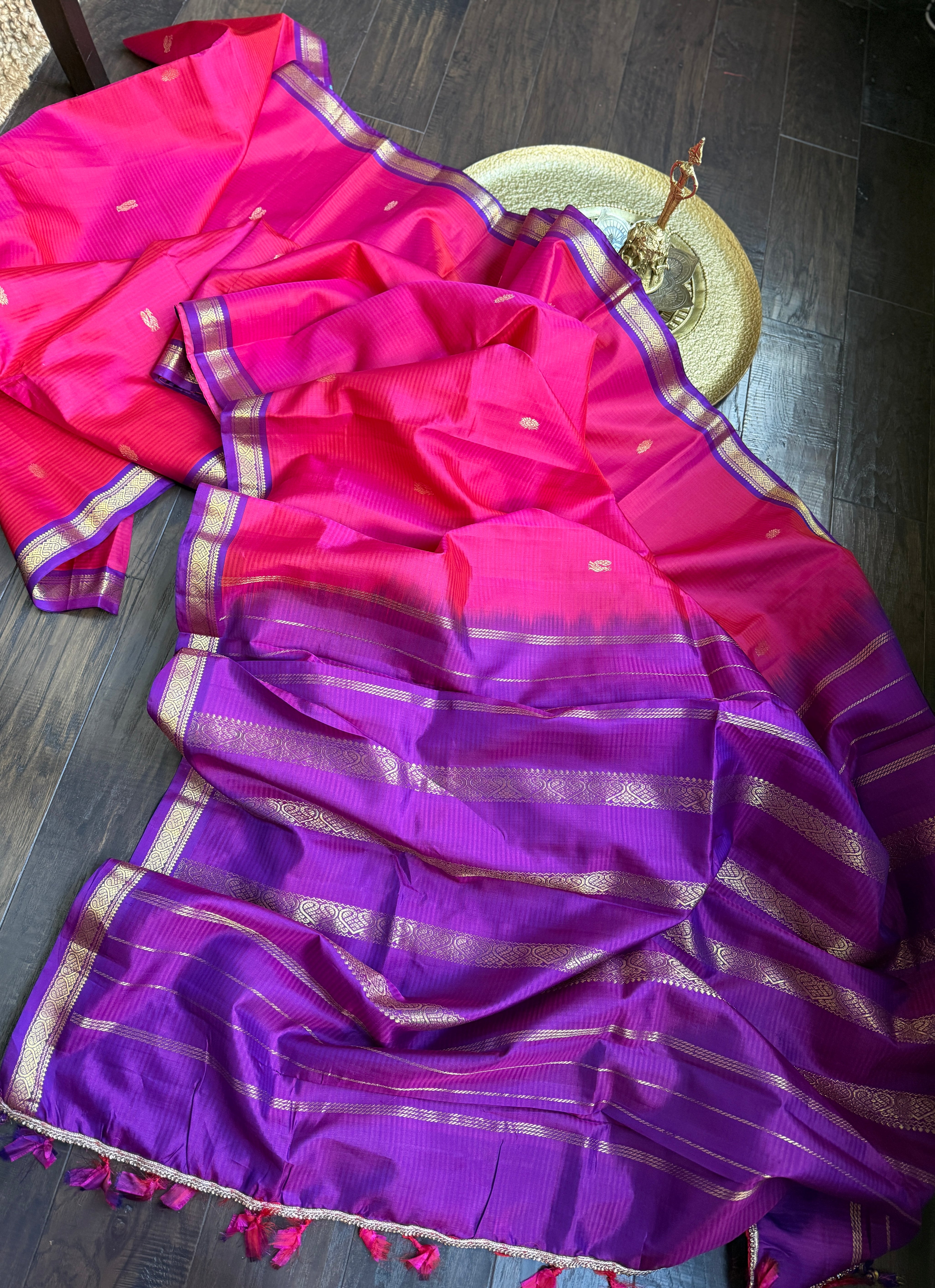 Pure Silk 1gm Zari Kanjivaram - Pink Purple self Stripe