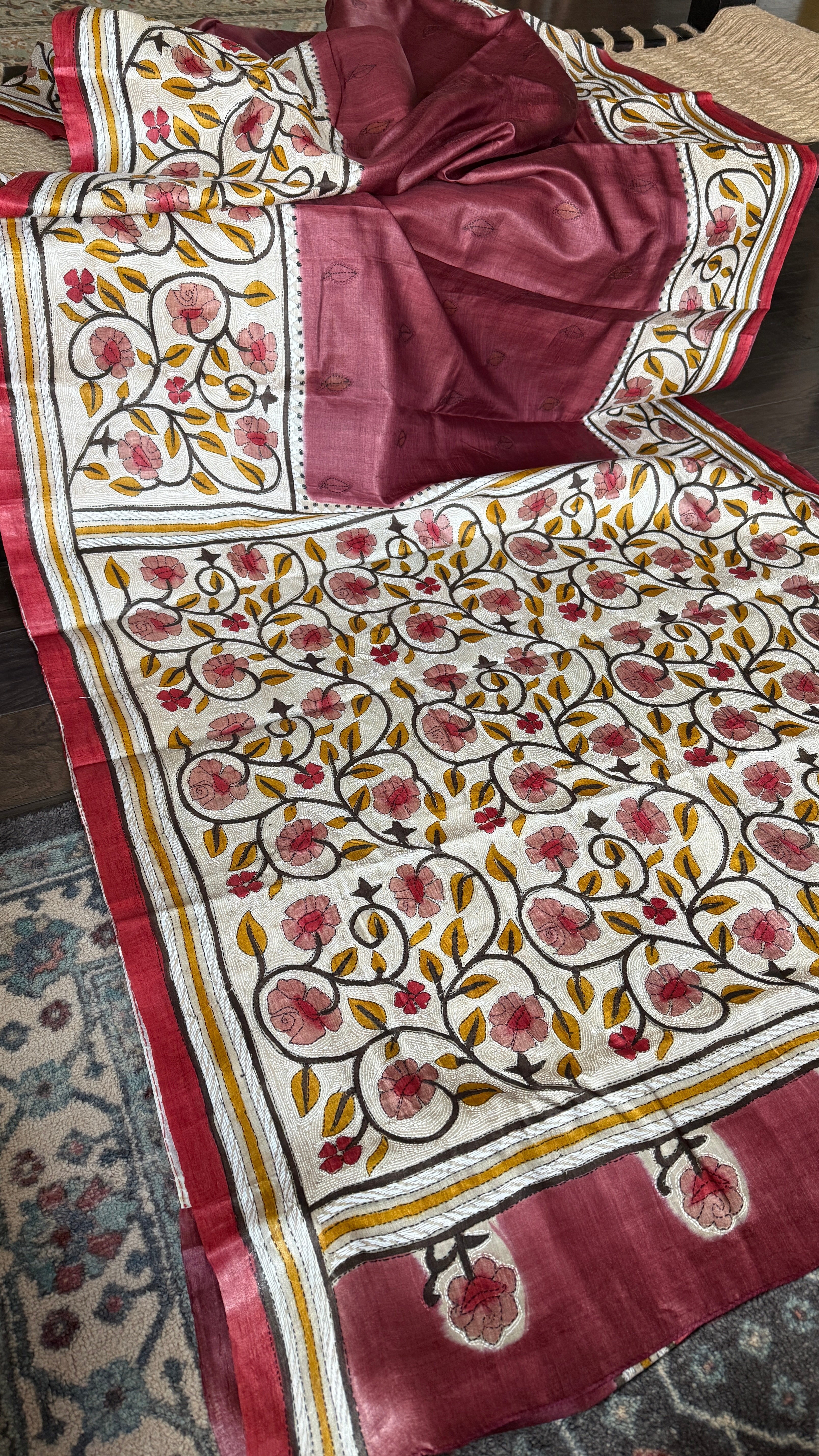Pure Tussar Silk Kantha Stitch -  Maroon Beige