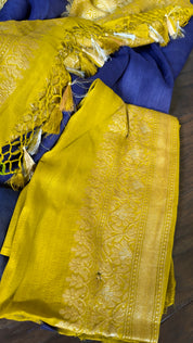 Tussar Georgette Banarasi- Navy Blue Ochre Yellow