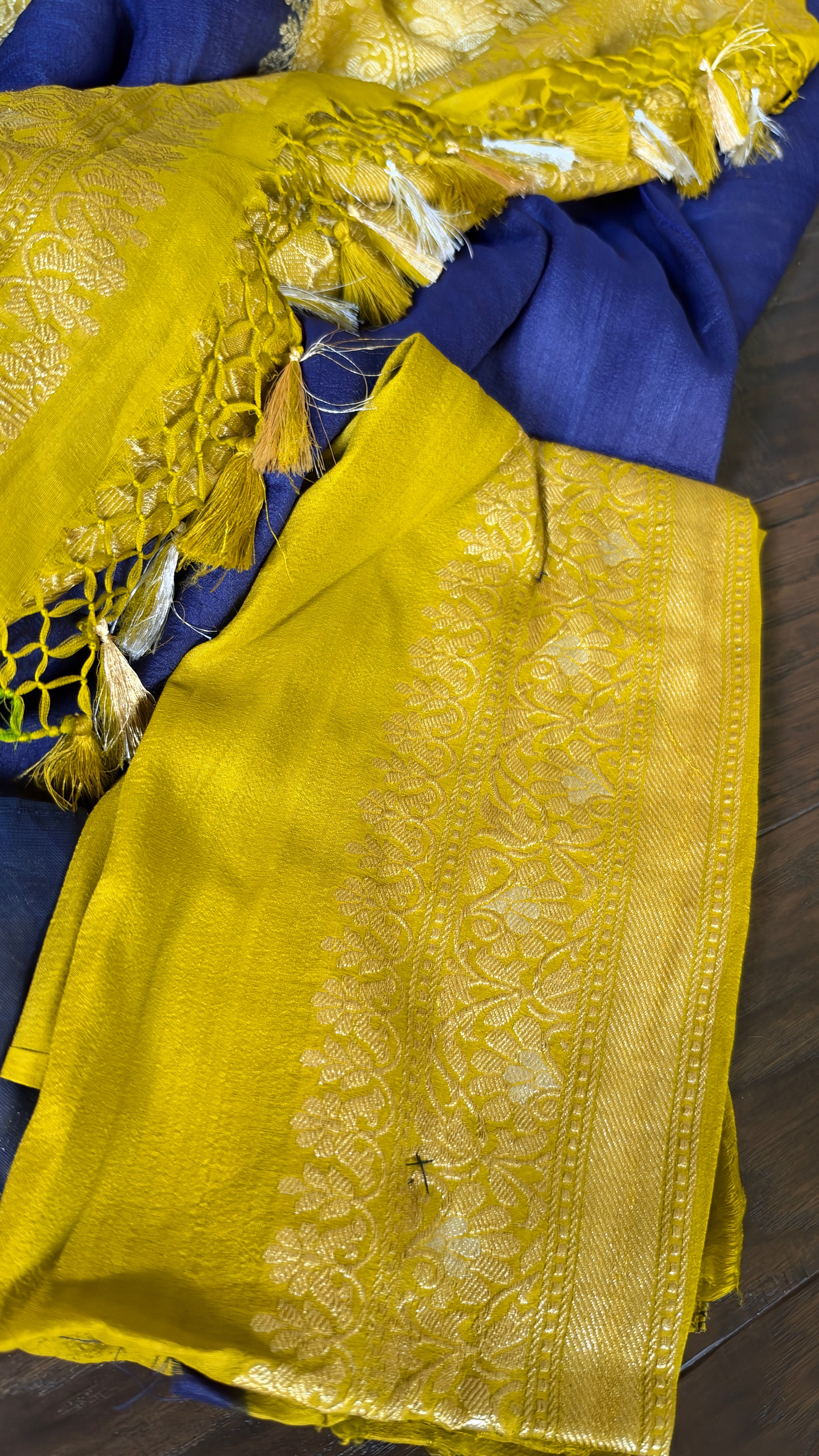 Tussar Georgette Banarasi- Navy Blue Ochre Yellow