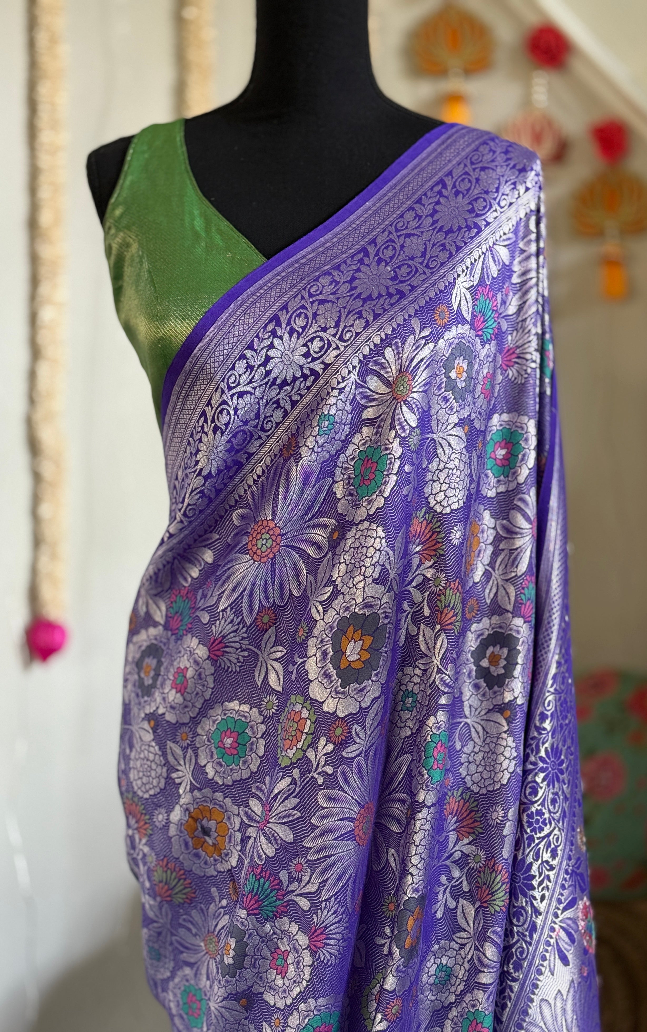 Tussar Georgette Banarasi - Purplish Blue Multi Meenakari