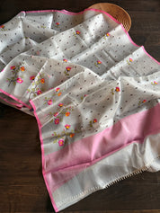 Designer Organza Tissue - Silver Grey Pink Embroidered