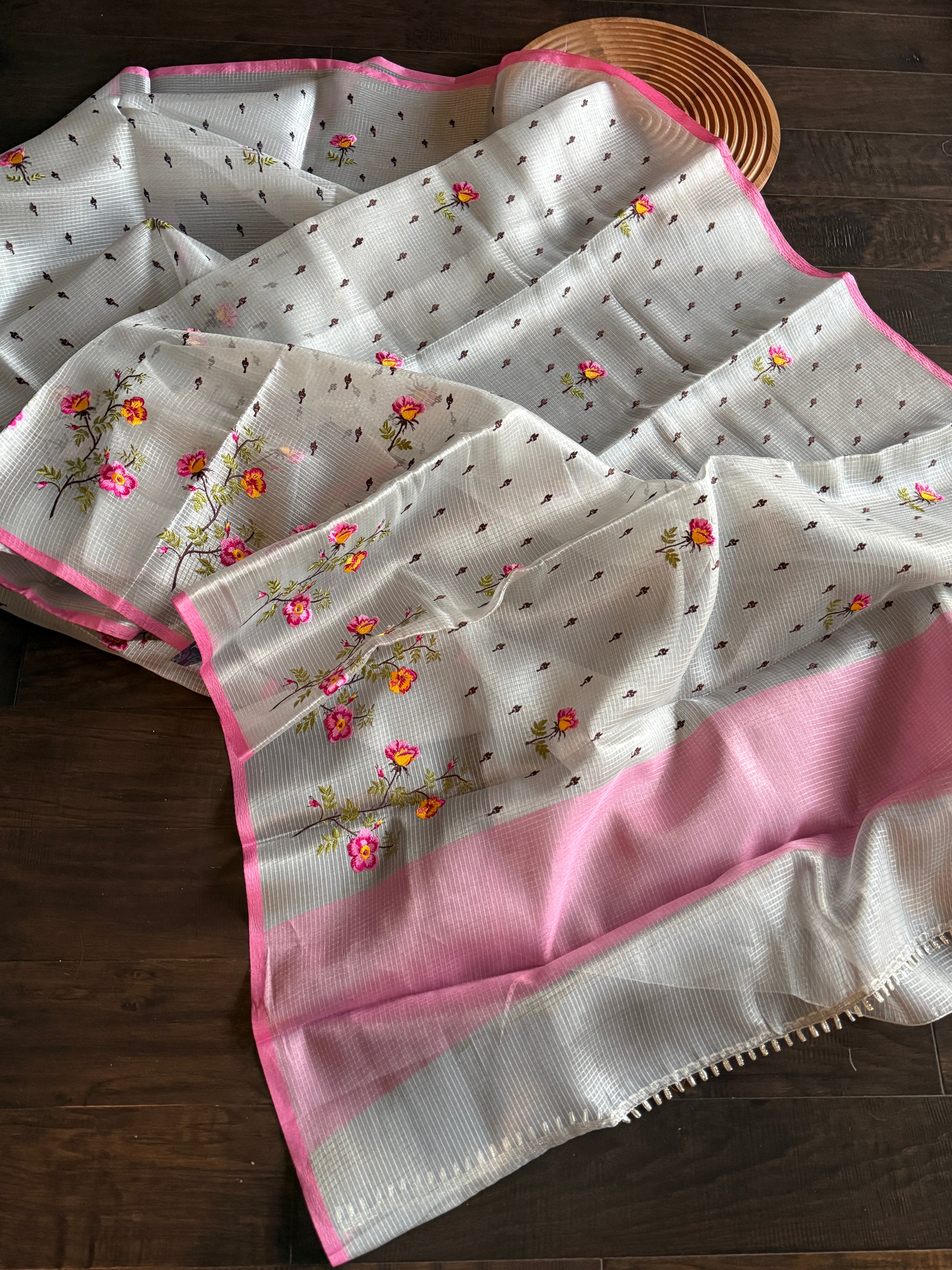 Designer Organza Tissue - Silver Grey Pink Embroidered