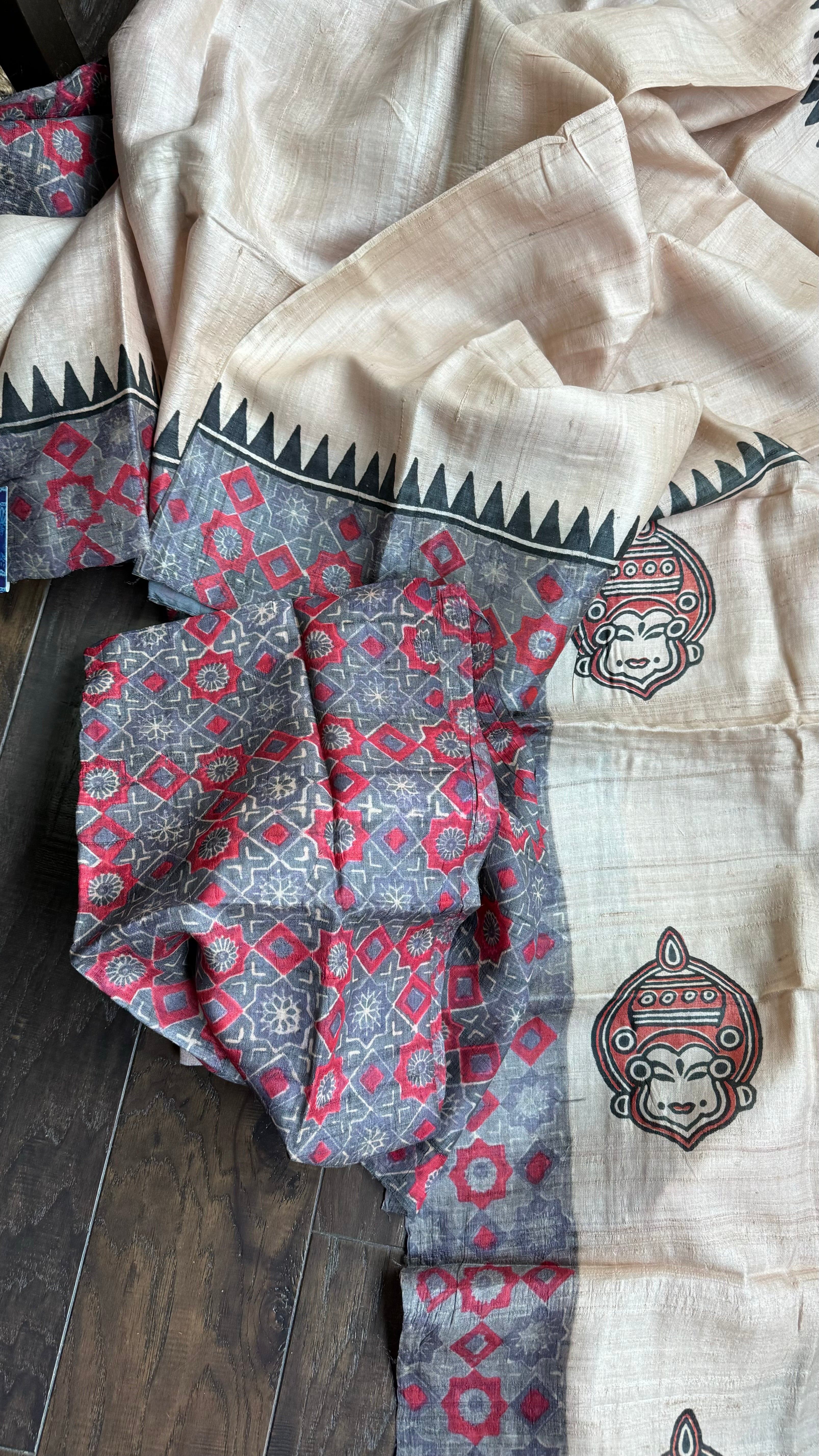 Pure Tussar Silk - Beige Grey Red Hand-Block Printed