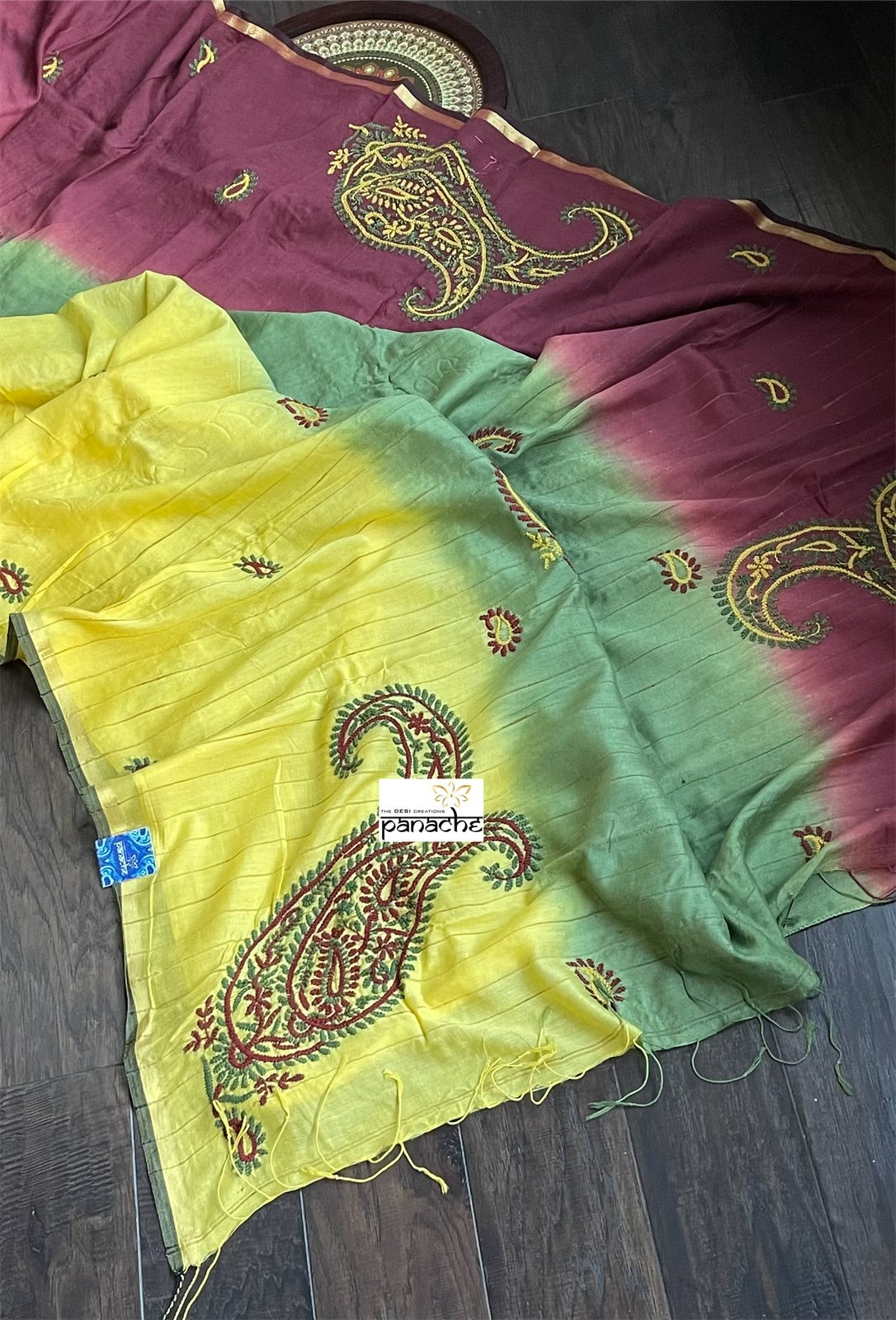 Pure Khadi Cotton - Green Yellow Hand Embroidered