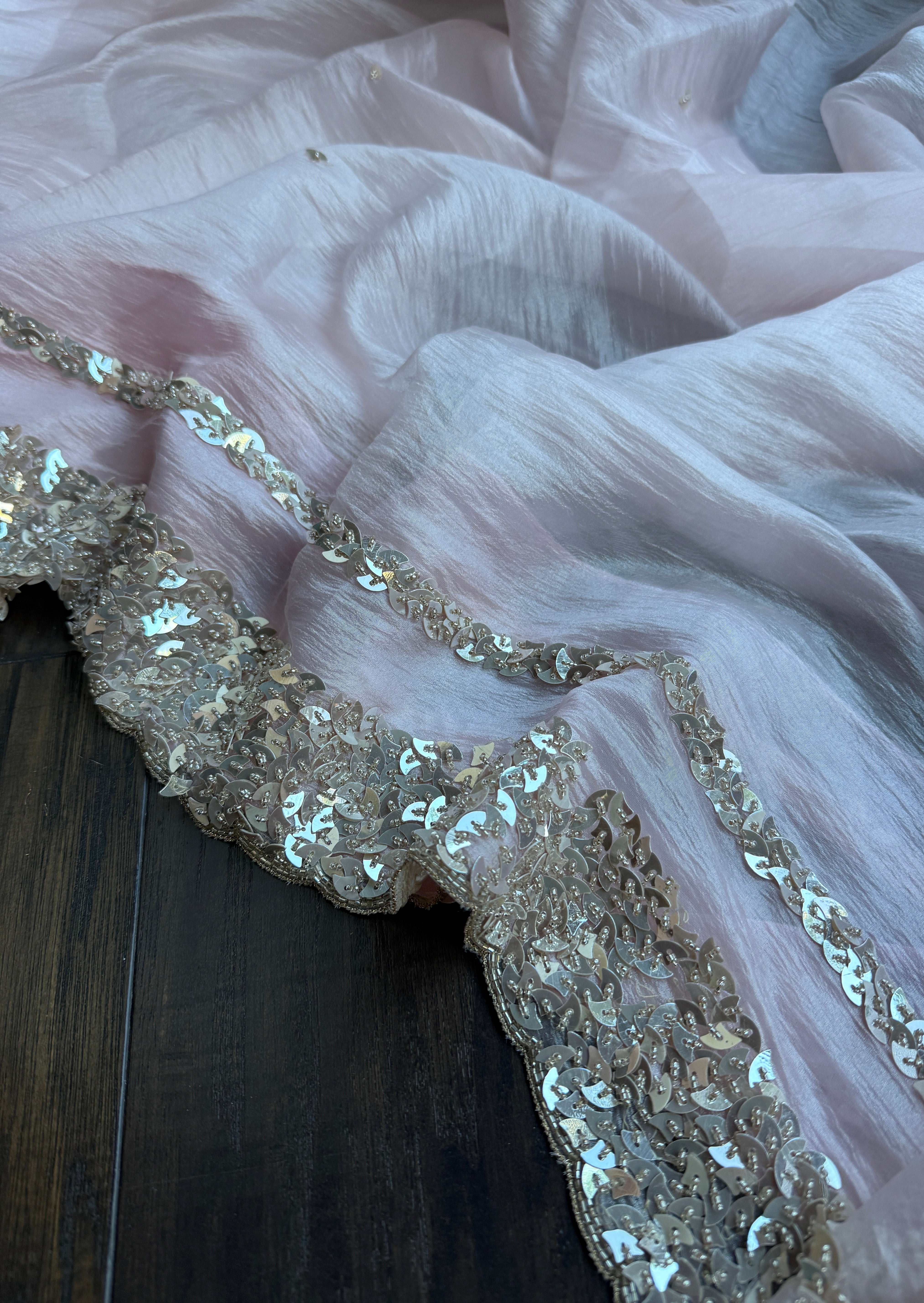 Designer Crushed Chiffon - Baby Pink Sequin Hand Work