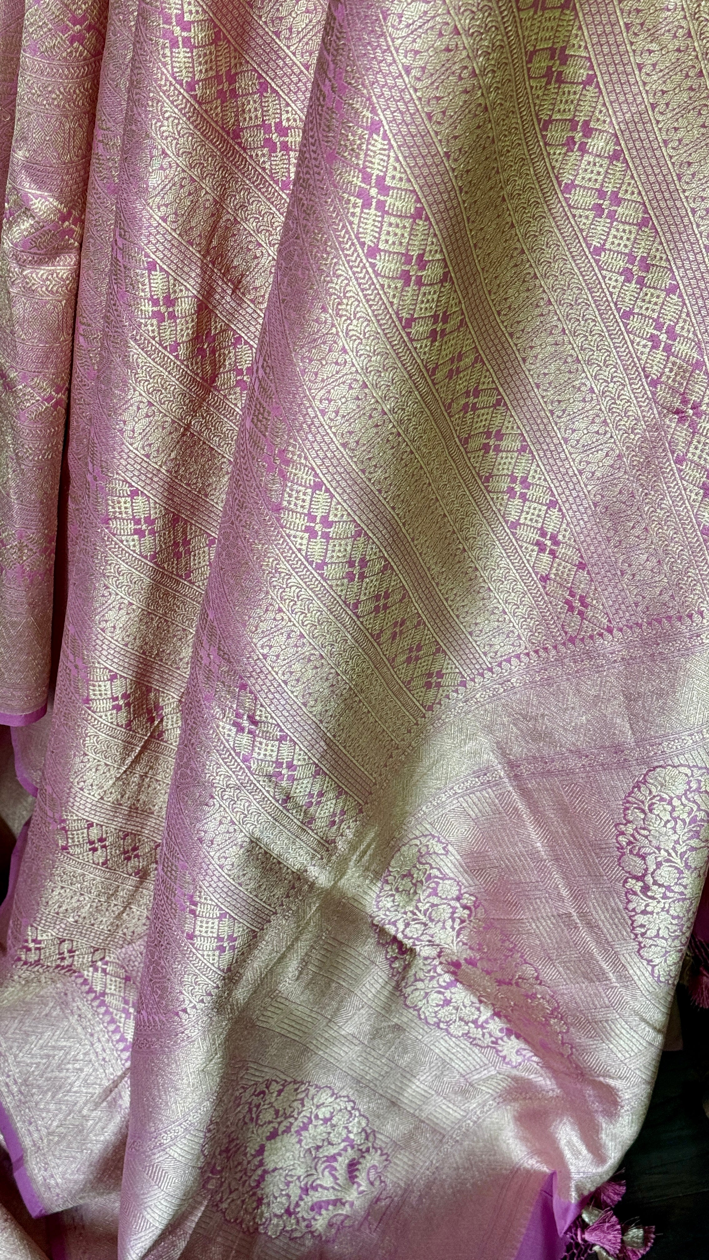 Pure Silk Brocade Banarasi- Light Onion Pink Golden Zari