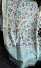 Designer Tussar Floral - Mint Green