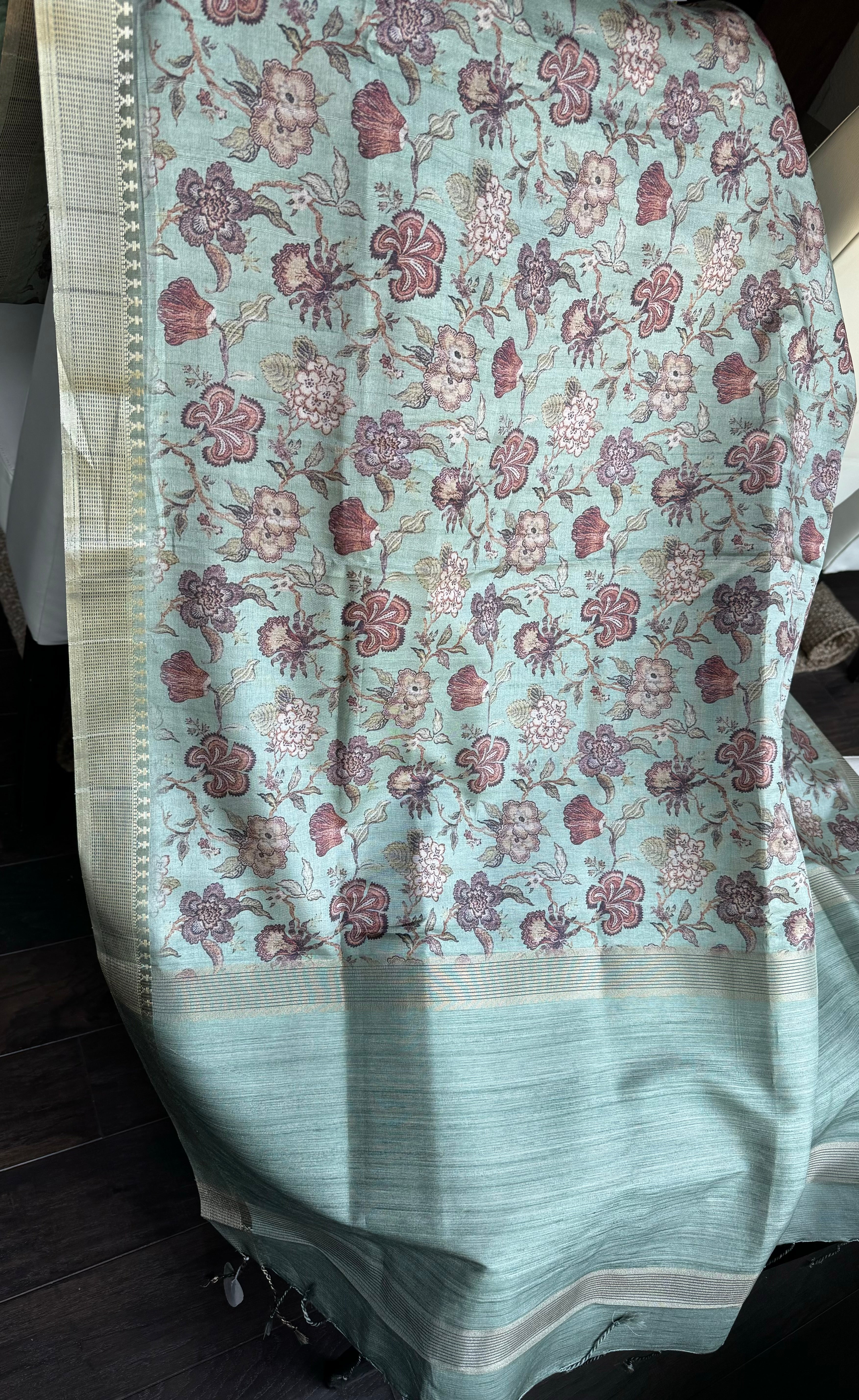 Designer Tussar Floral - Mint Green