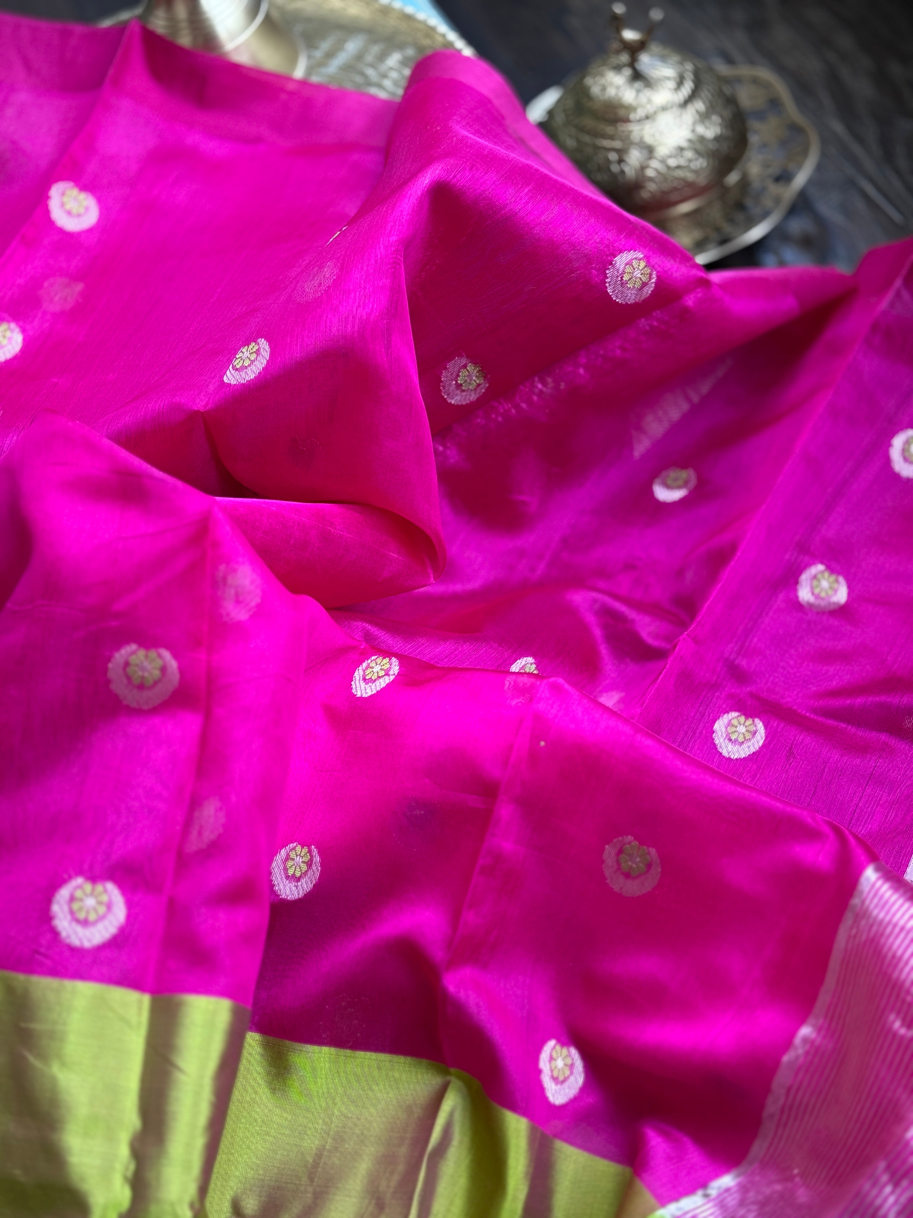 Pure Chanderi Pattu Silk mushru - Pink Lime Green