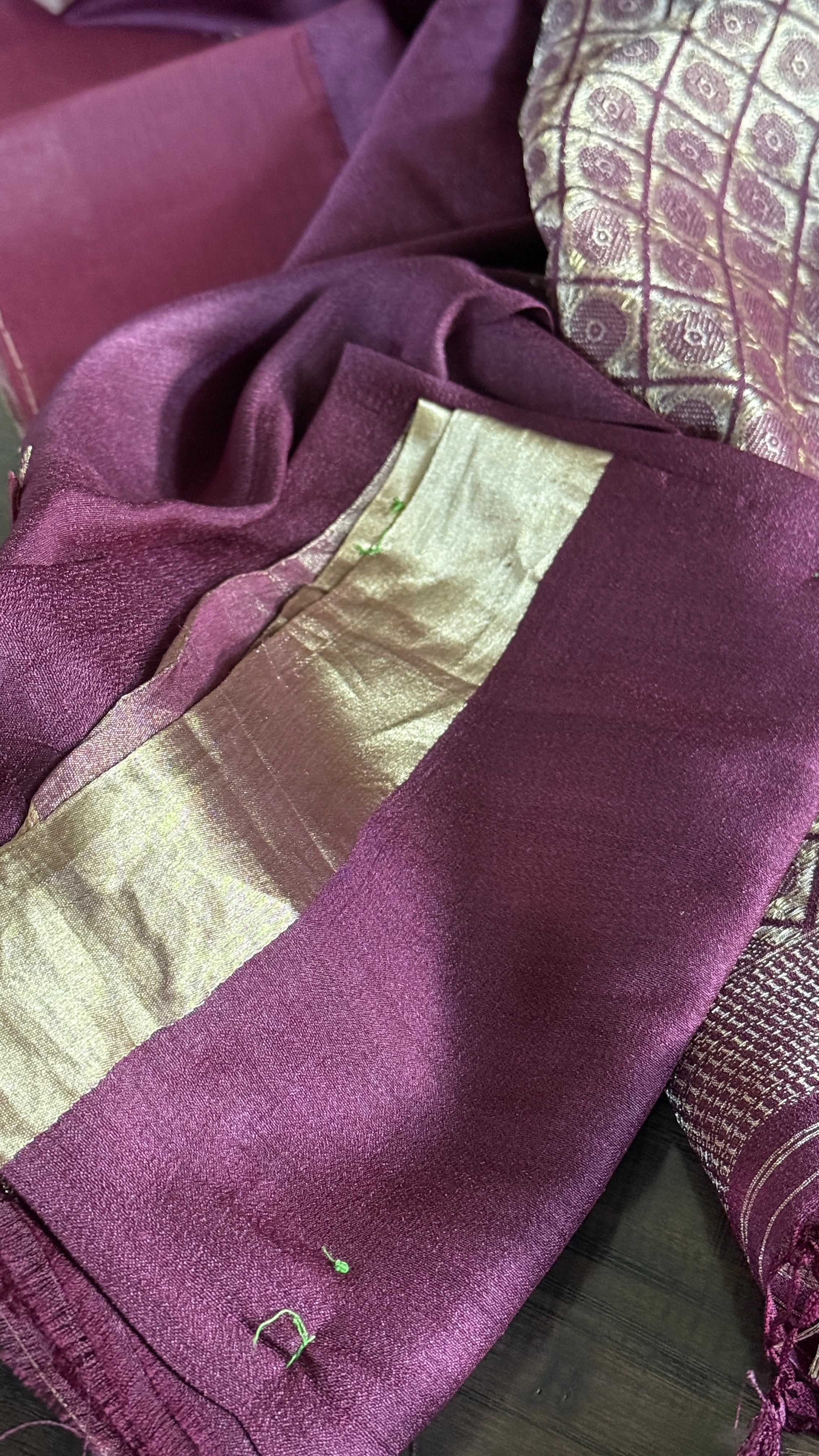 Tussar Tissue Silk Banarasi - Plum Brown Khadhua Antique Zari