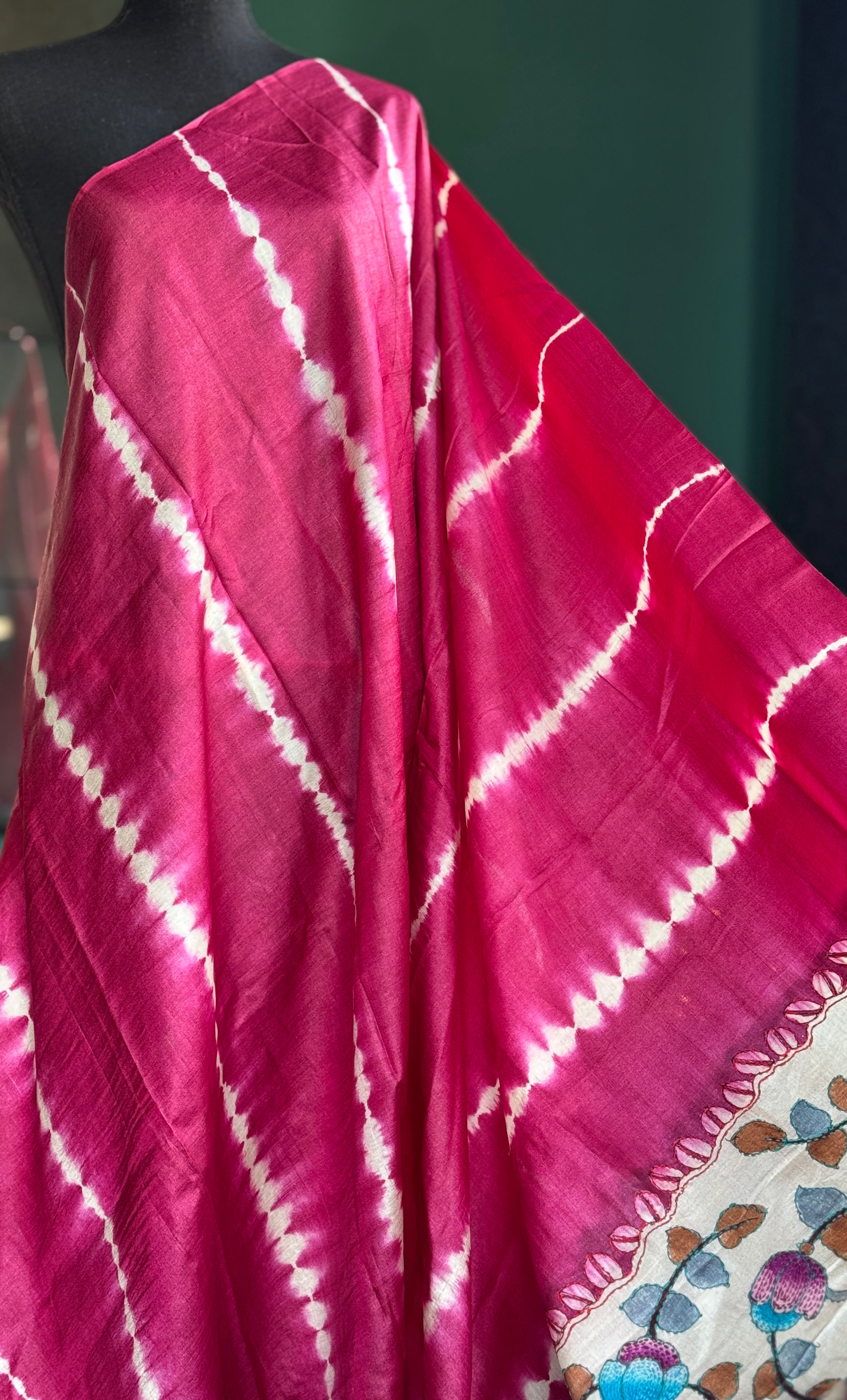 Tussar Silk Shibori Pen Kalamkari - Magenta Pink Hand Kantha