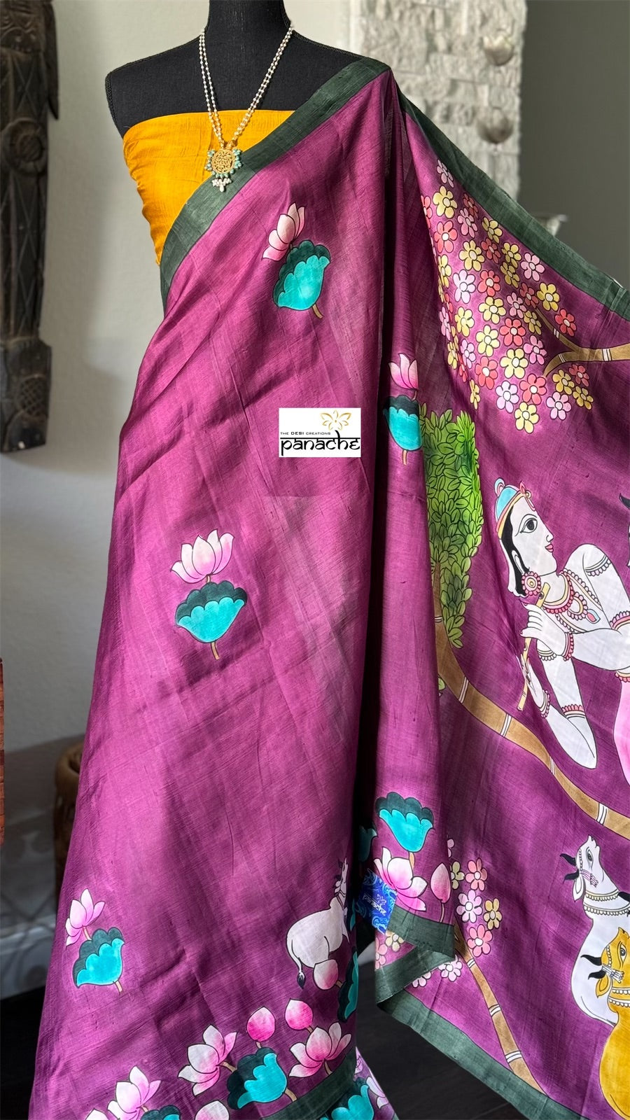 Hand Painted Tussar Silk - Purple Pichwai