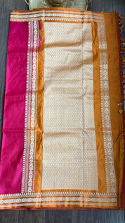Pure Silk Mashru Banarasi- Rani Pink Ochre Orange