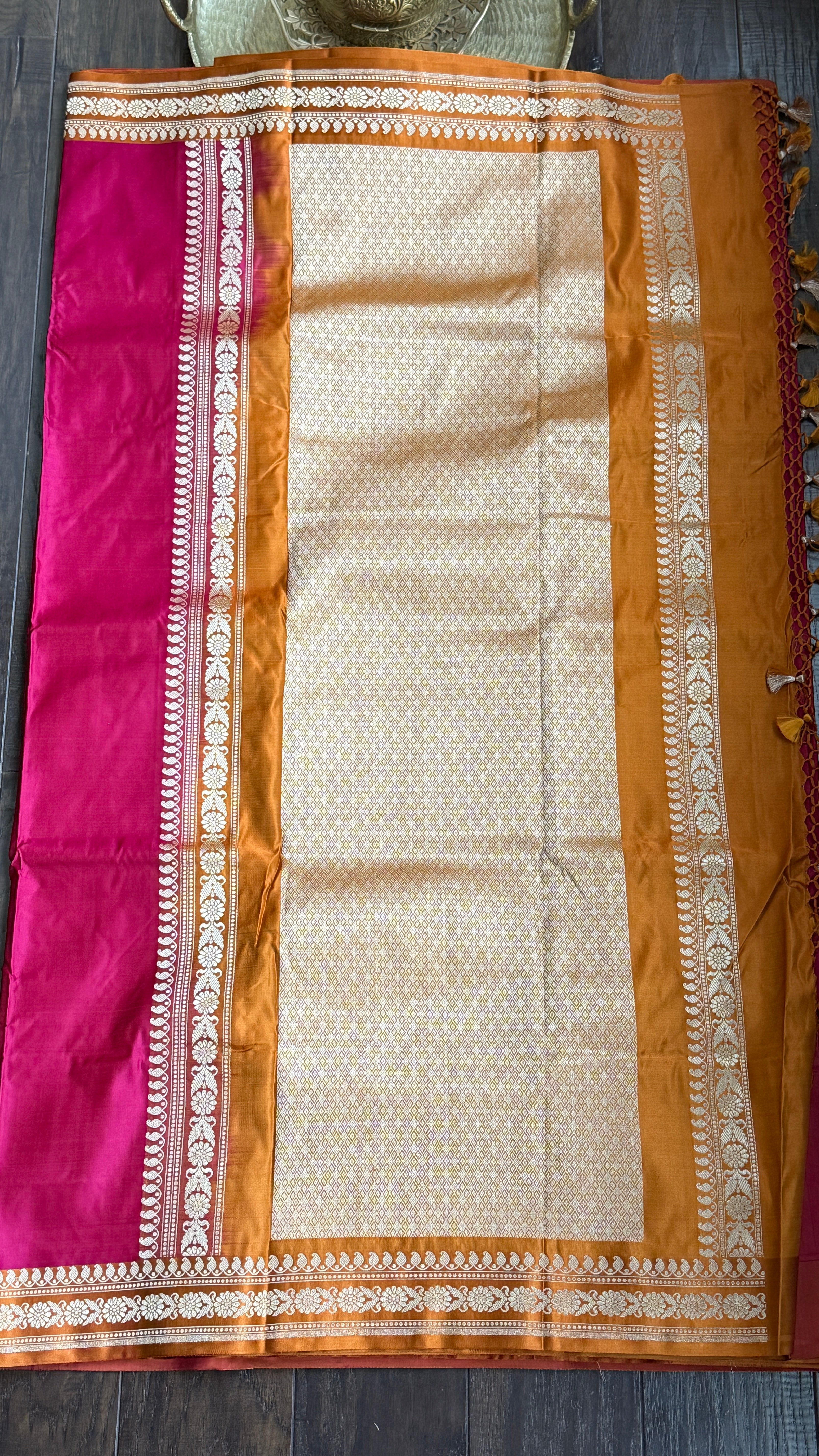 Pure Silk Mashru Banarasi- Rani Pink Ochre Orange
