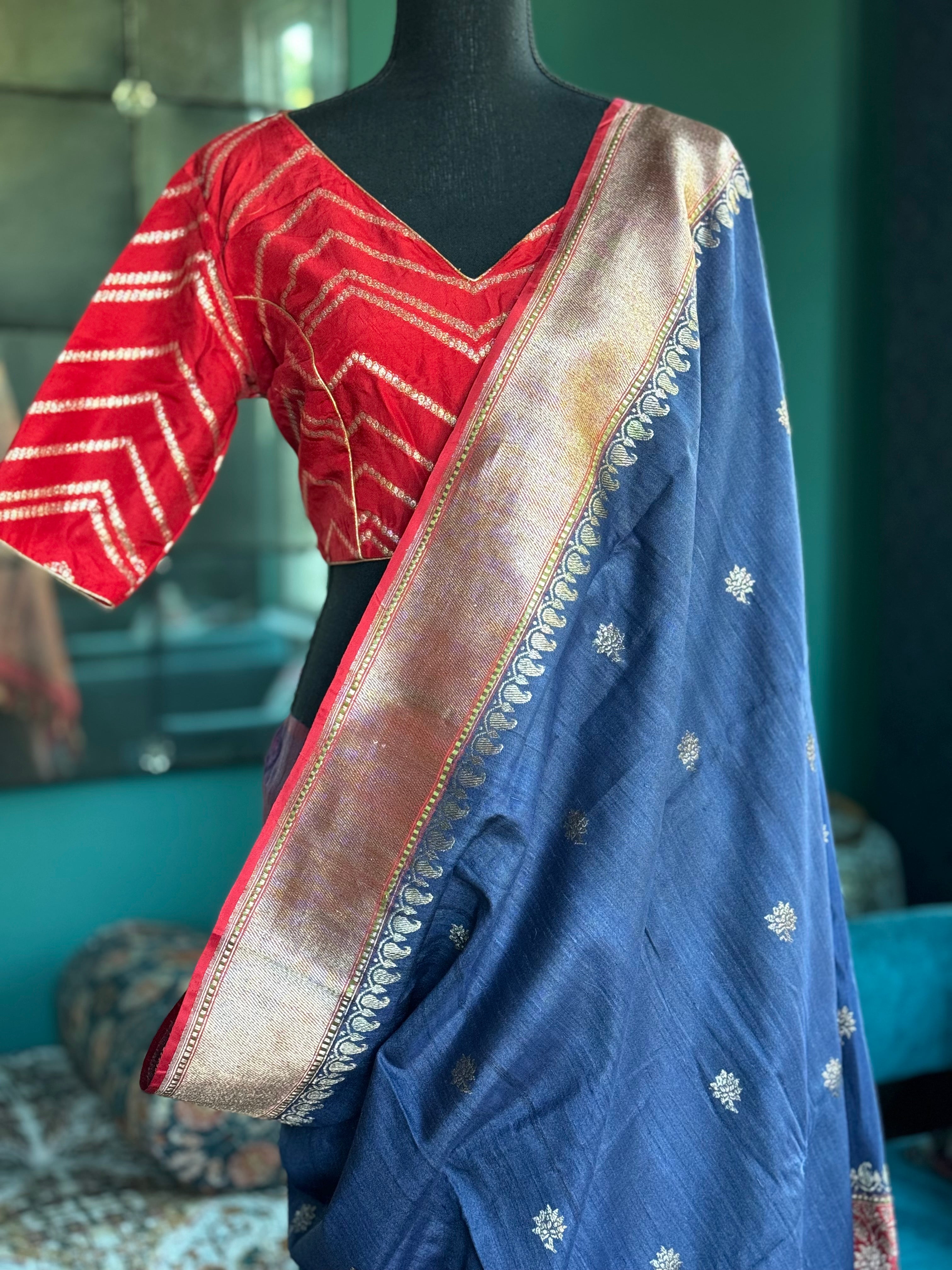 Pure Tassur by Katan Silk Banarasi - Navy Blue Red