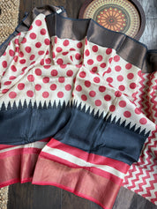 Pure Tussar Silk - Beige Red Black Polka