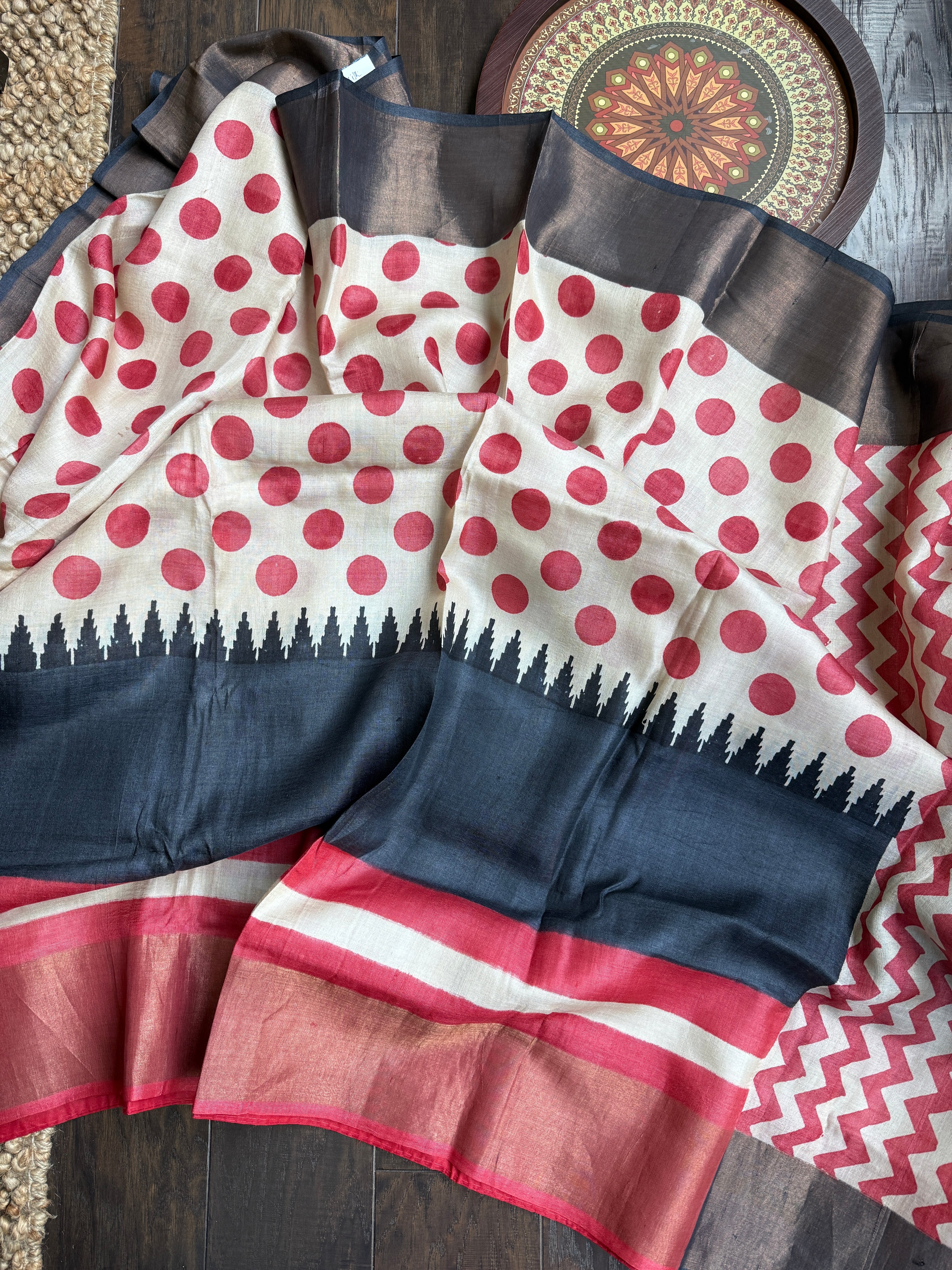 Pure Tussar Silk - Beige Red Black Polka