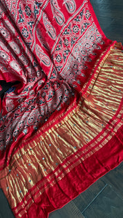 Gaji Silk Ajrakh - Red Mirror Work
