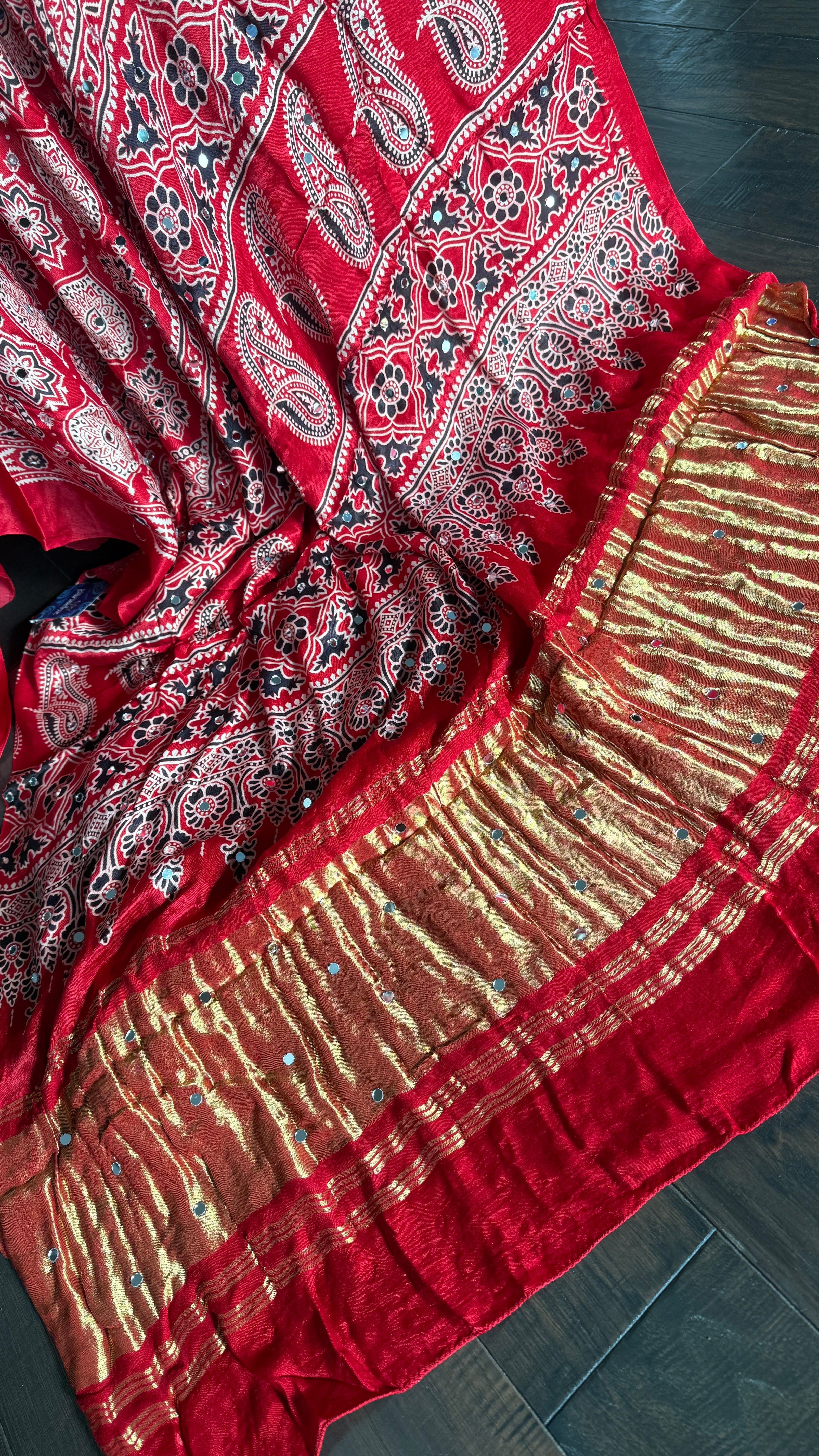 Gaji Silk Ajrakh - Red Mirror Work