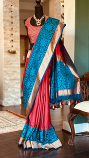 Tussar Silk Banarasi - Red Blue Kadwa