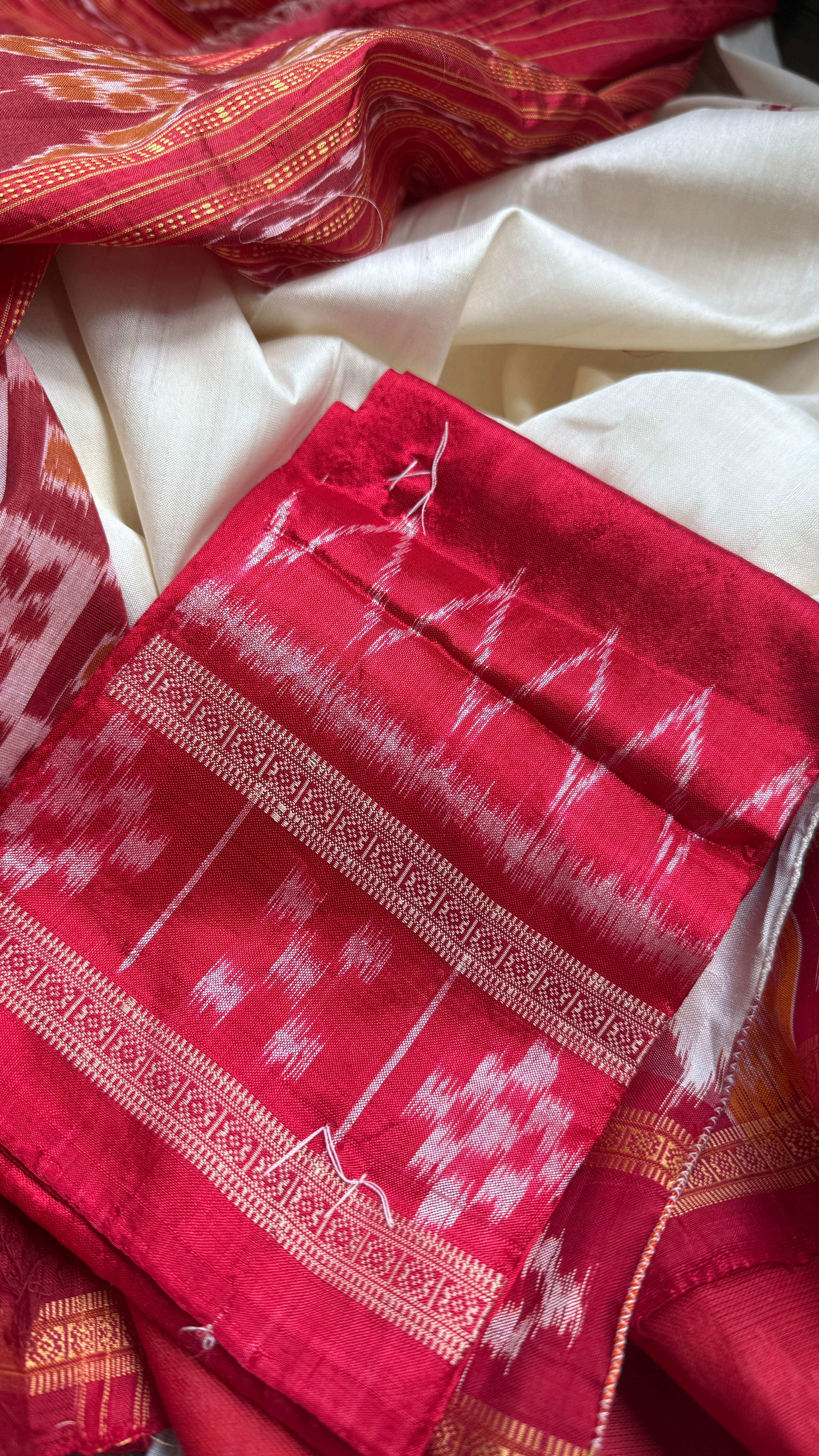 Pure Mukberry Silk Sambalpuri Ikat - Cream Red Orange Pasapale Border
