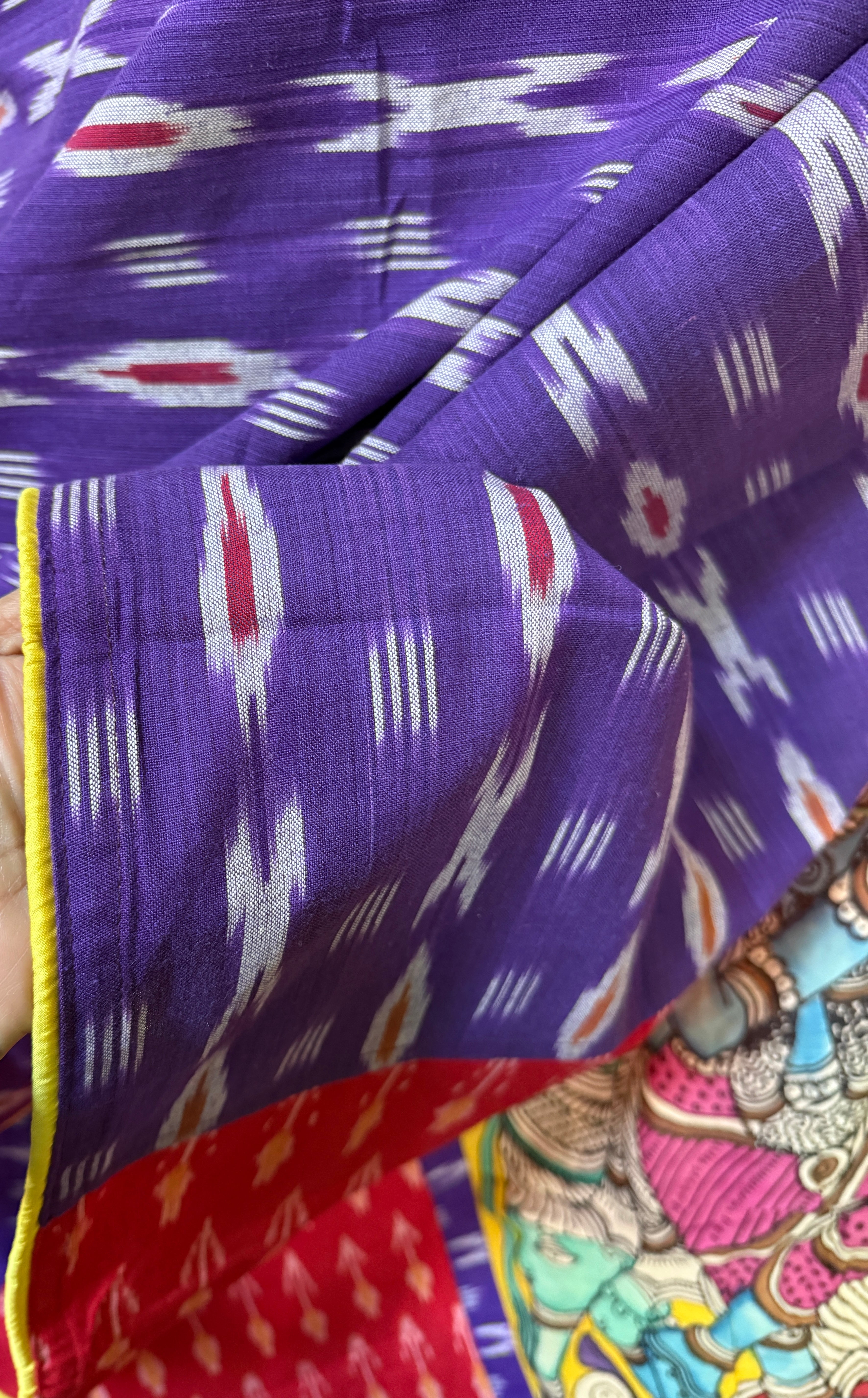 Designer Pure Cotton Ikat Krishna - Purple Yellow Red