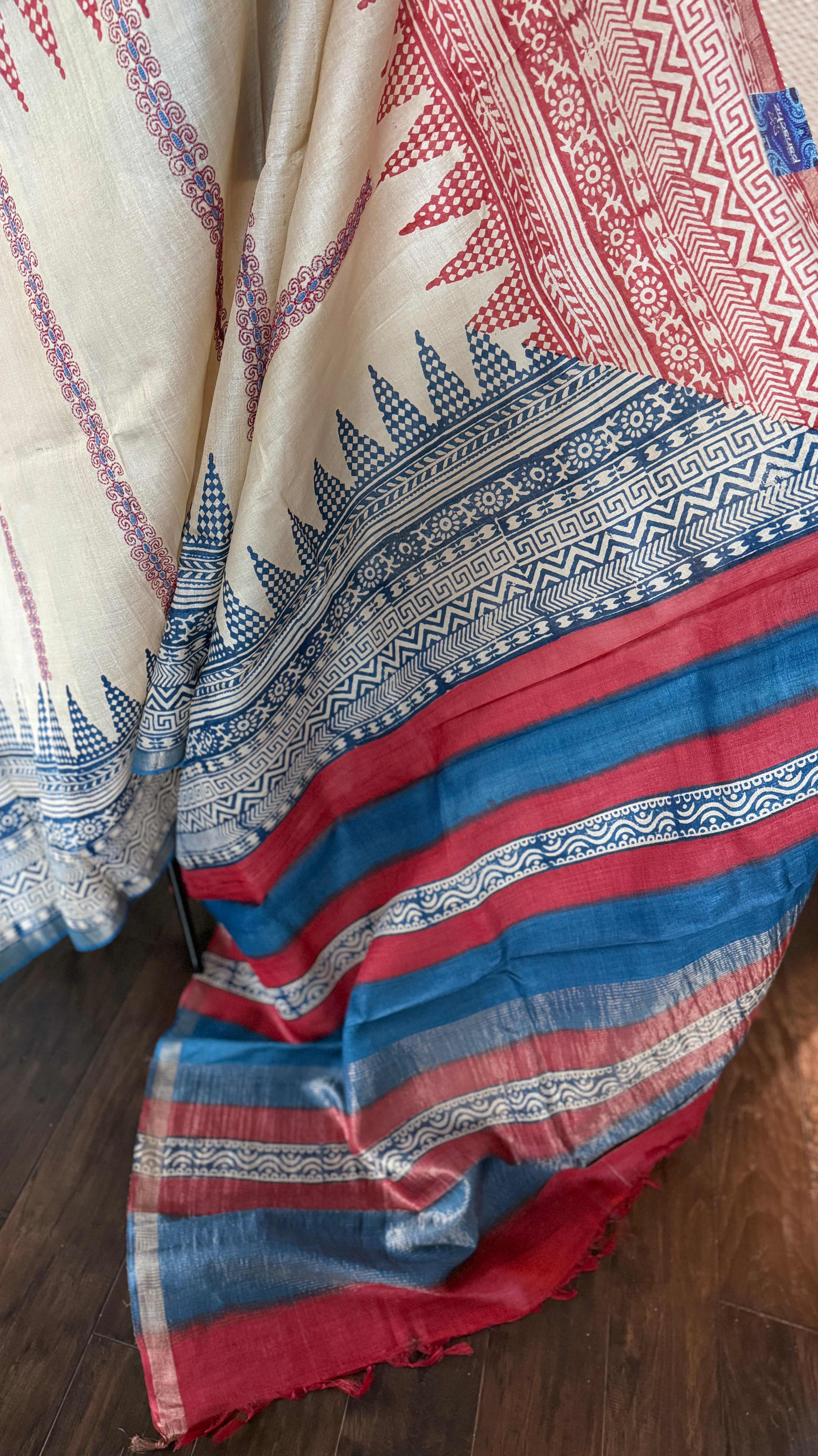 Printed Tussar Silk Kantha Stitch - Beige Blue Red