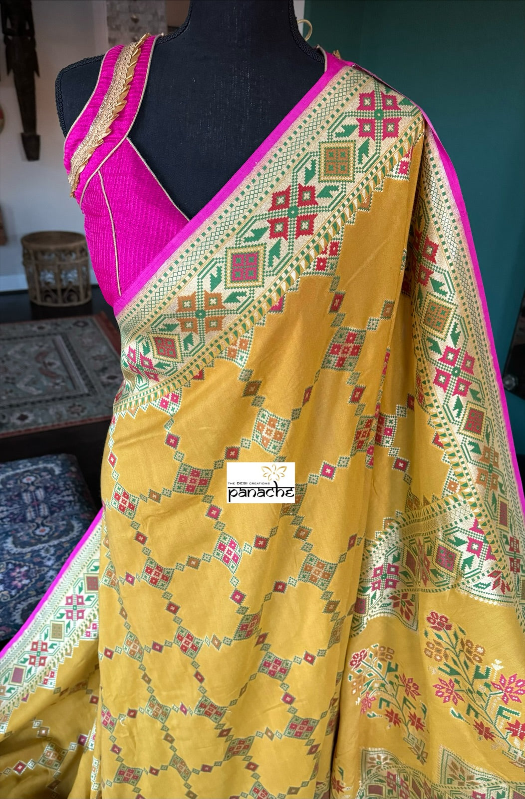 Khaddi Muga Silk Tilfi Banarasi - Yellow Pink Woven