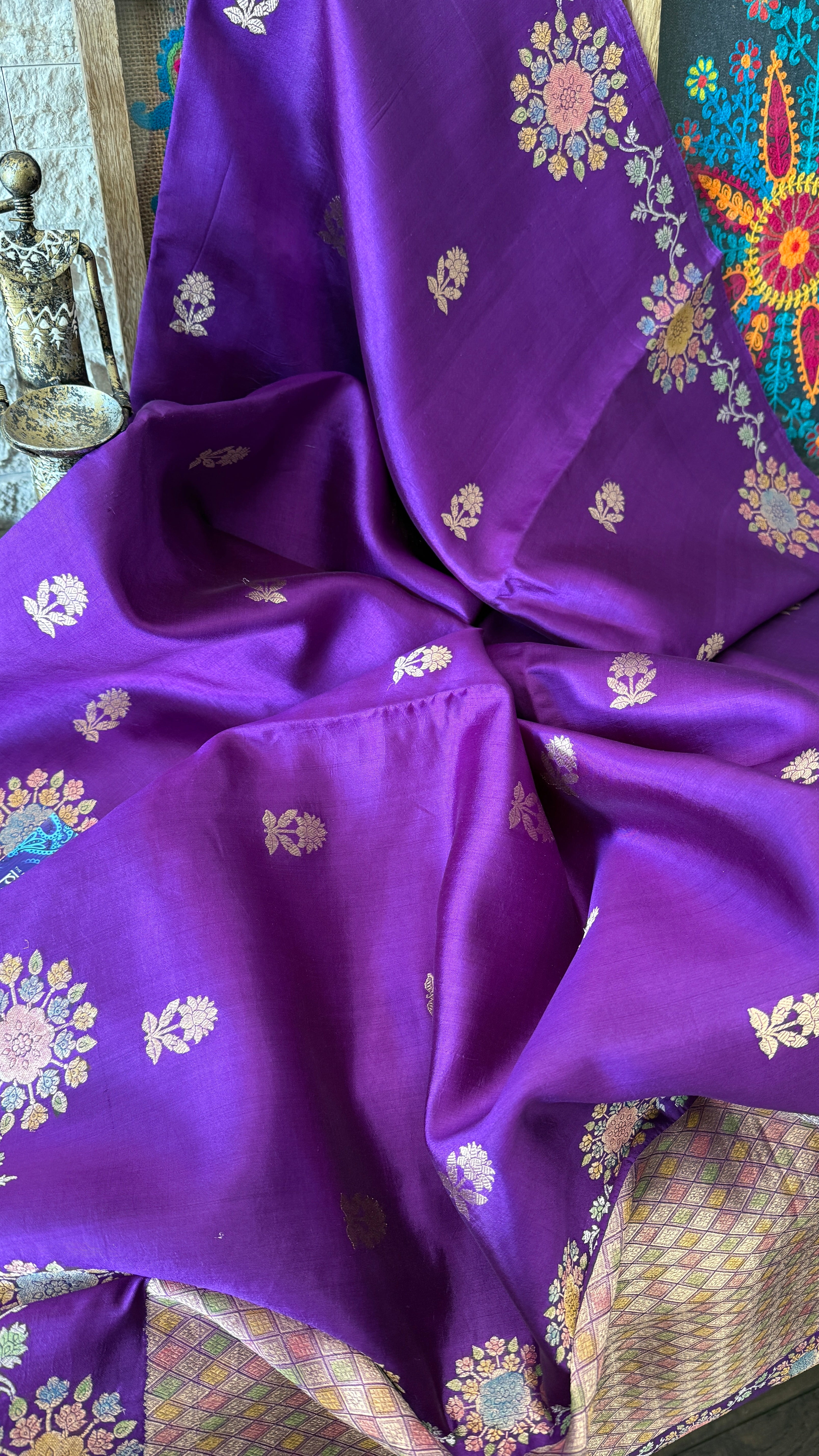 Pure Katan Silk Banarasi - Purple Hand Brush painted