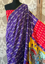 Designer Pure Cotton Ikat Krishna - Purple Yellow Red