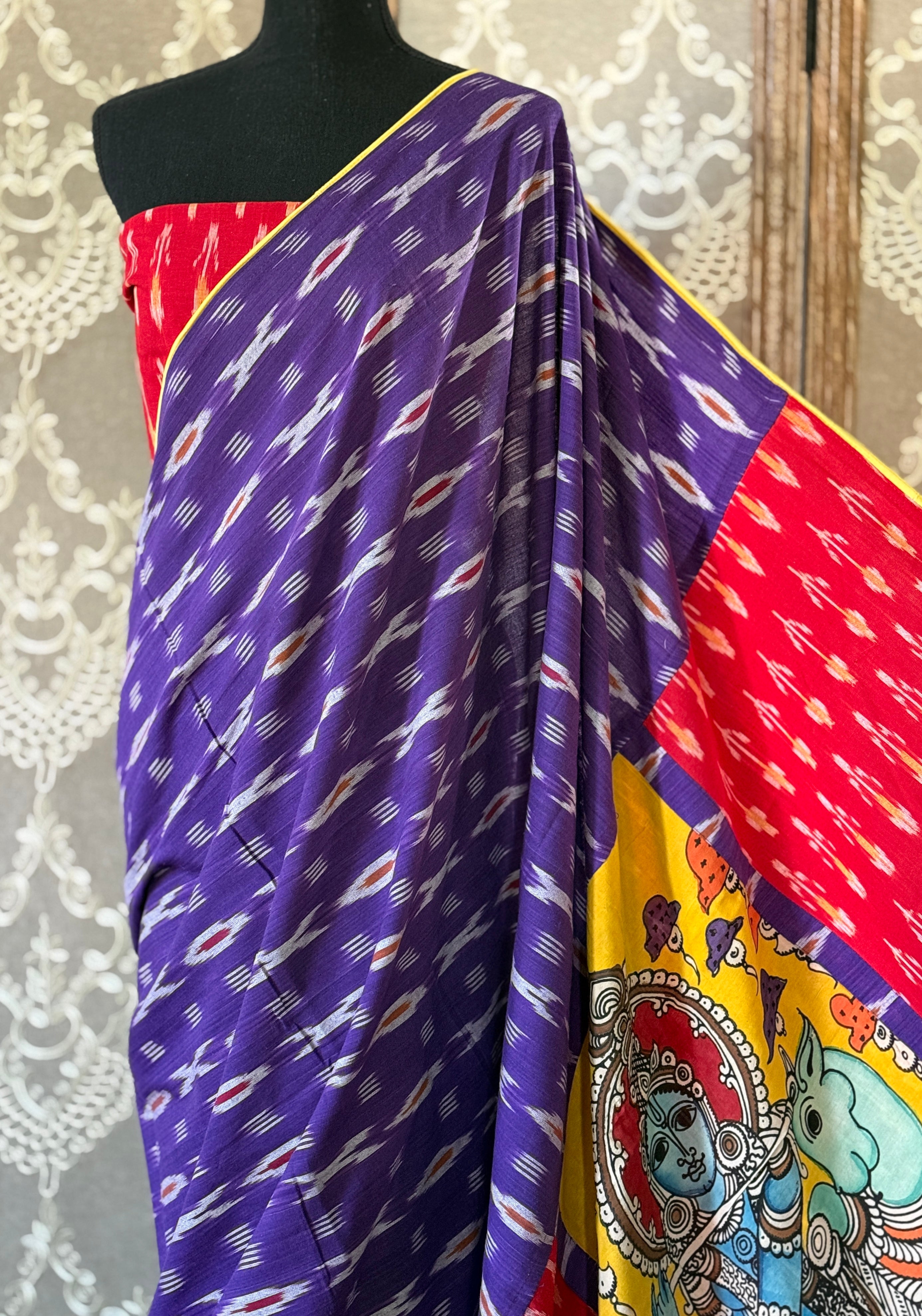 Designer Pure Cotton Ikat Krishna - Purple Yellow Red