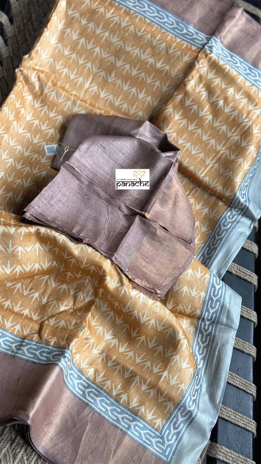 Pure Tussar Silk - Light Rust Brown Hand Block Printed