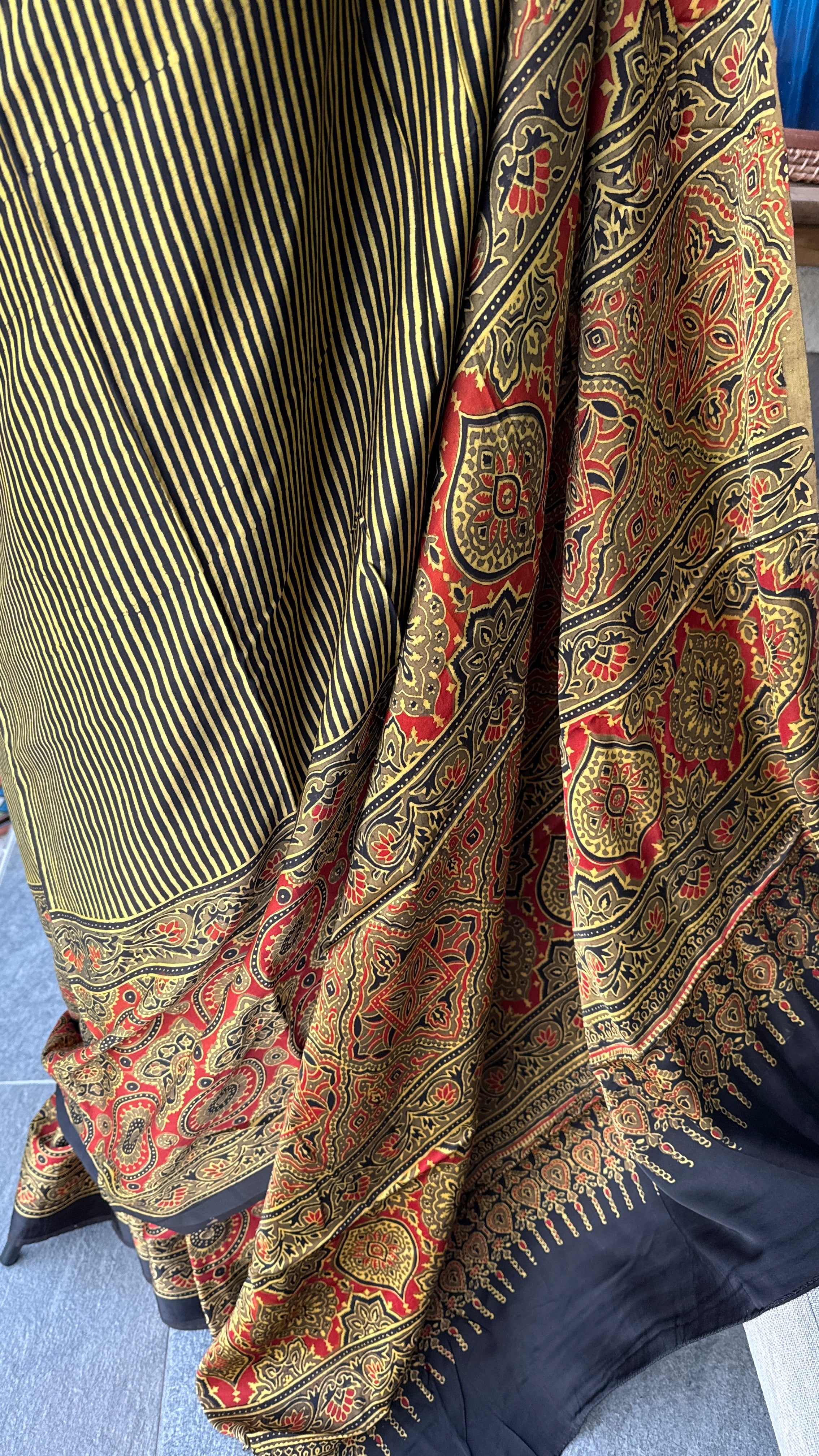Modal Silk Ajrakh - Greenish Yellow Black Striped