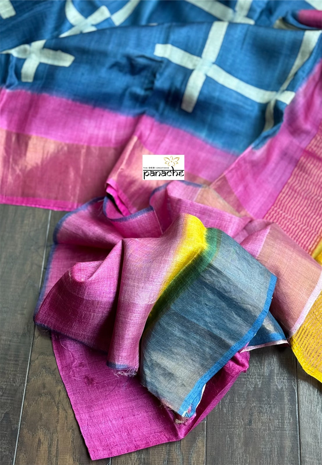 Pure Tussar Silk - Blue Yellow Pink Hand-Block Printed