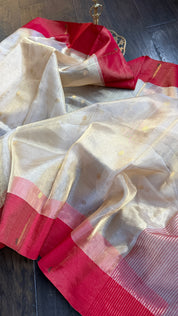 Pure Chanderi Tissue Silk - Golden Woven Munia Border