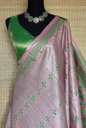 Pure Tussar Silk Kantha Stitch -  Light Pink Green