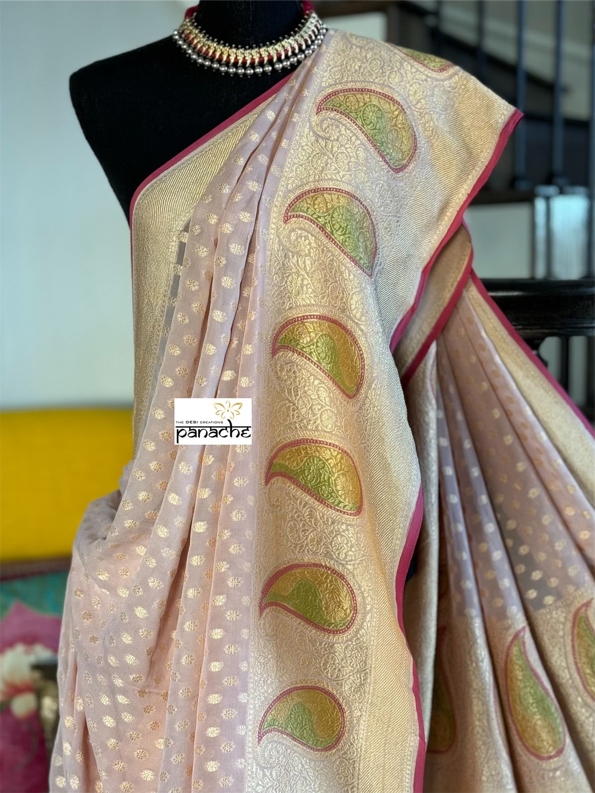 Khaddi Georgette Banarasi - Pink Hand Painted Meenakari