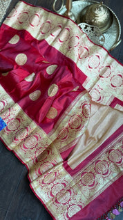 Pure Silk Mashru Banarasi- Raspberry Red Dual Shaded