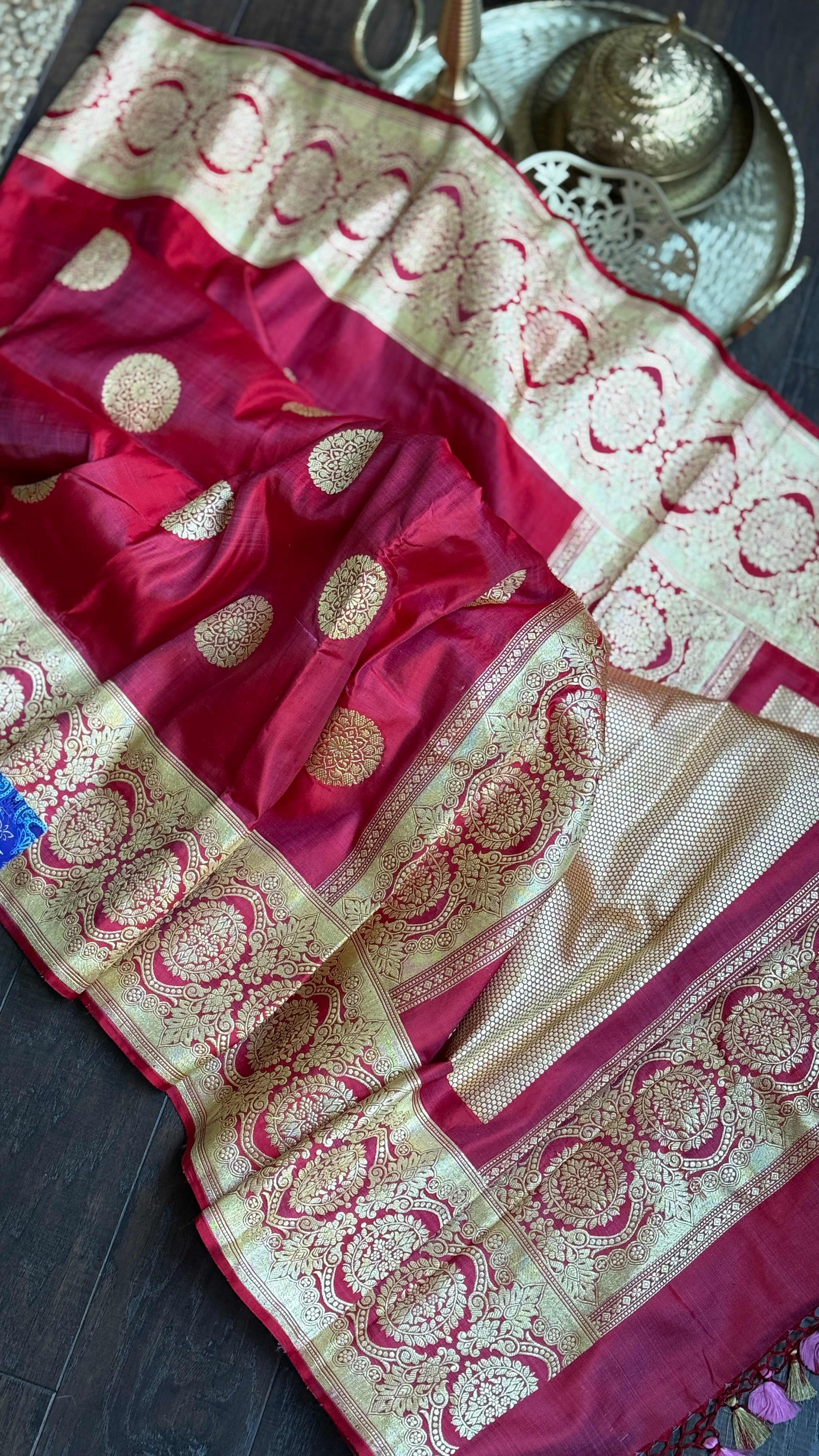 Pure Silk Mashru Banarasi- Raspberry Red Dual Shaded