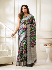 Khaddi Tussar Paithani Banarasi - Black Green Meenakari