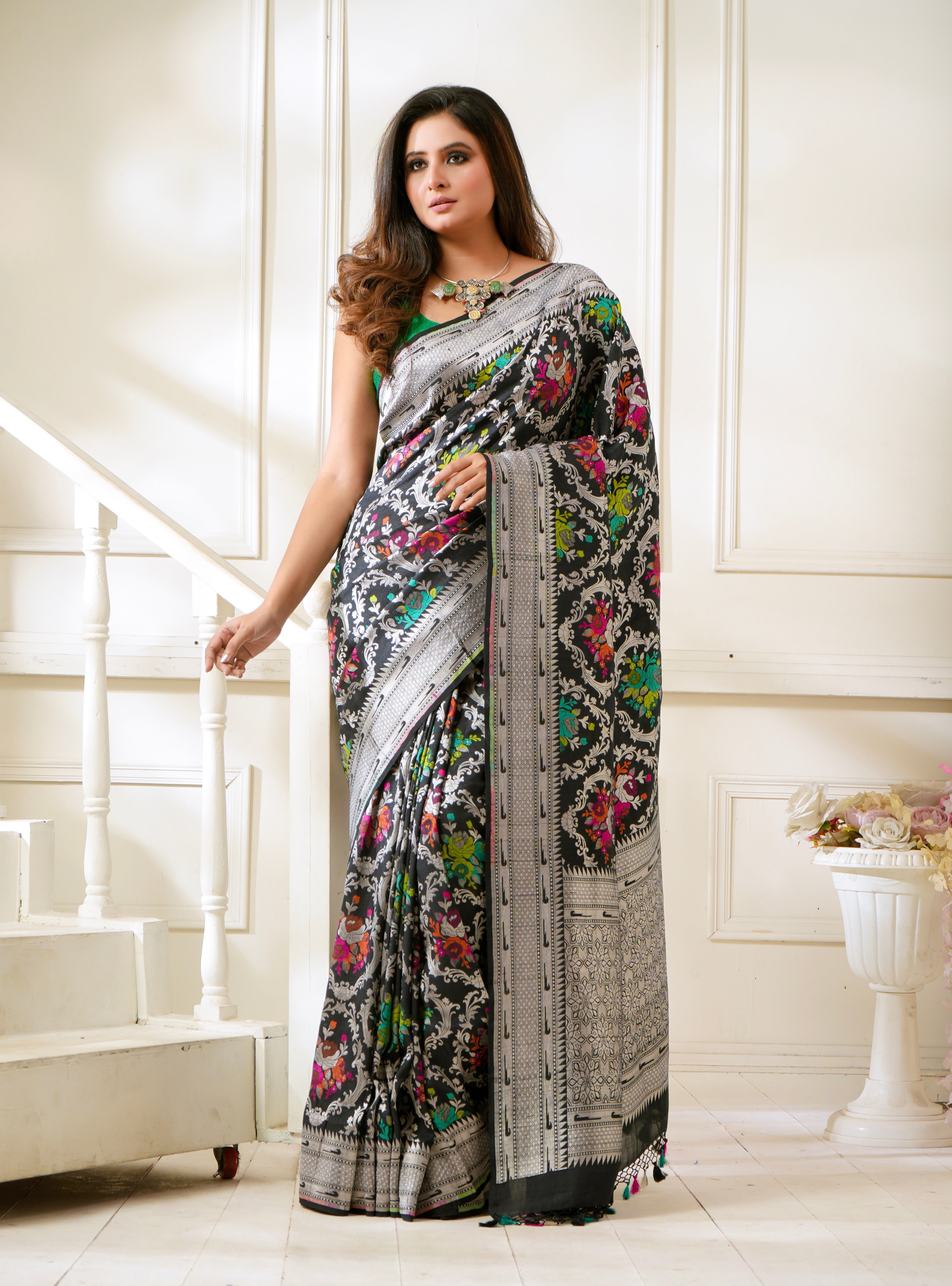 Khaddi Tussar Paithani Banarasi - Black Green Meenakari