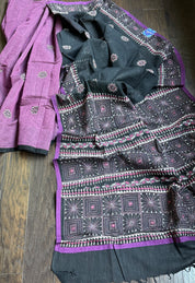Cotton Kantha Stitch -  Mauve Purple Black Half Half