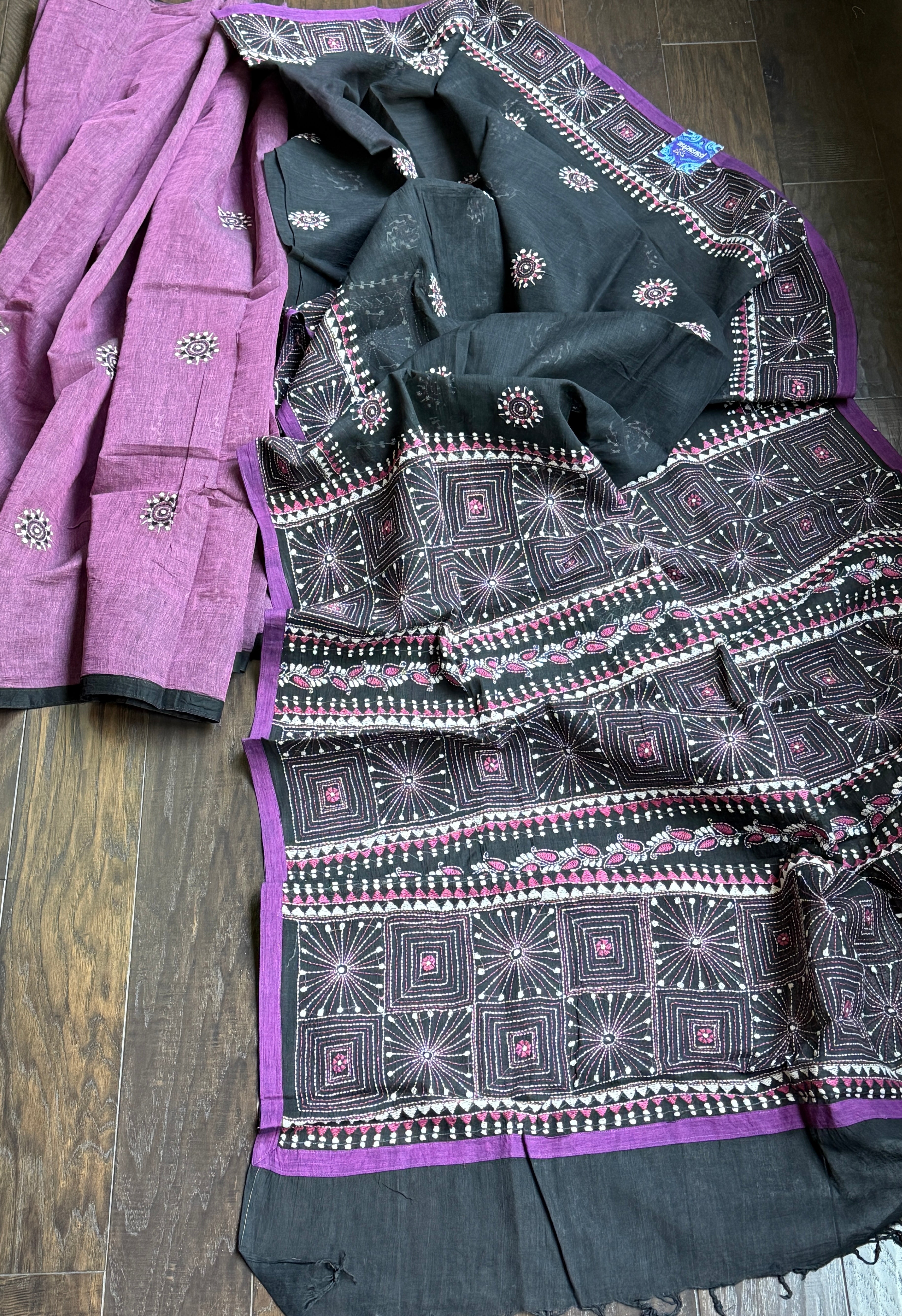Cotton Kantha Stitch -  Mauve Purple Black Half Half