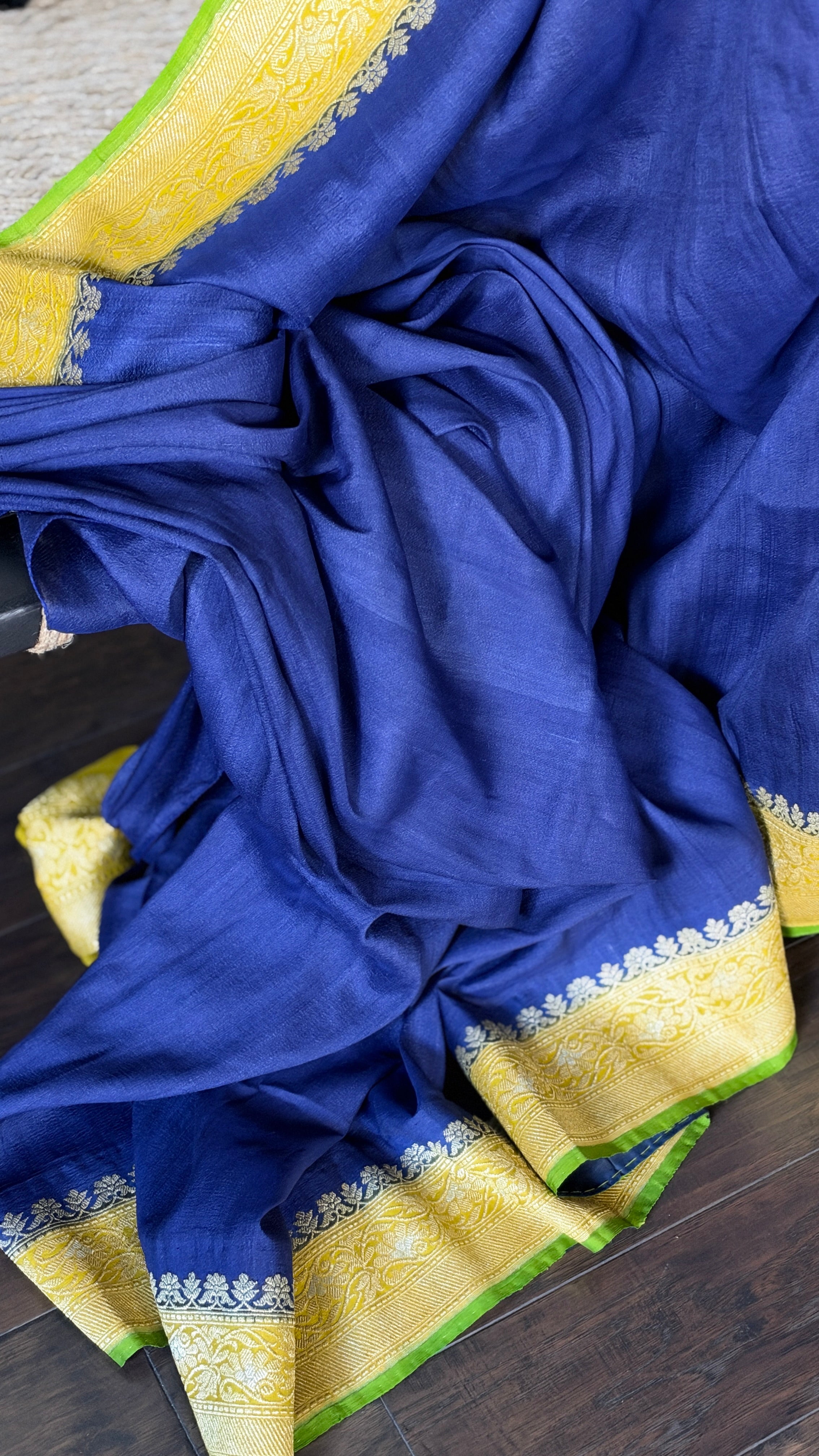 Tussar Georgette Banarasi- Navy Blue Ochre Yellow
