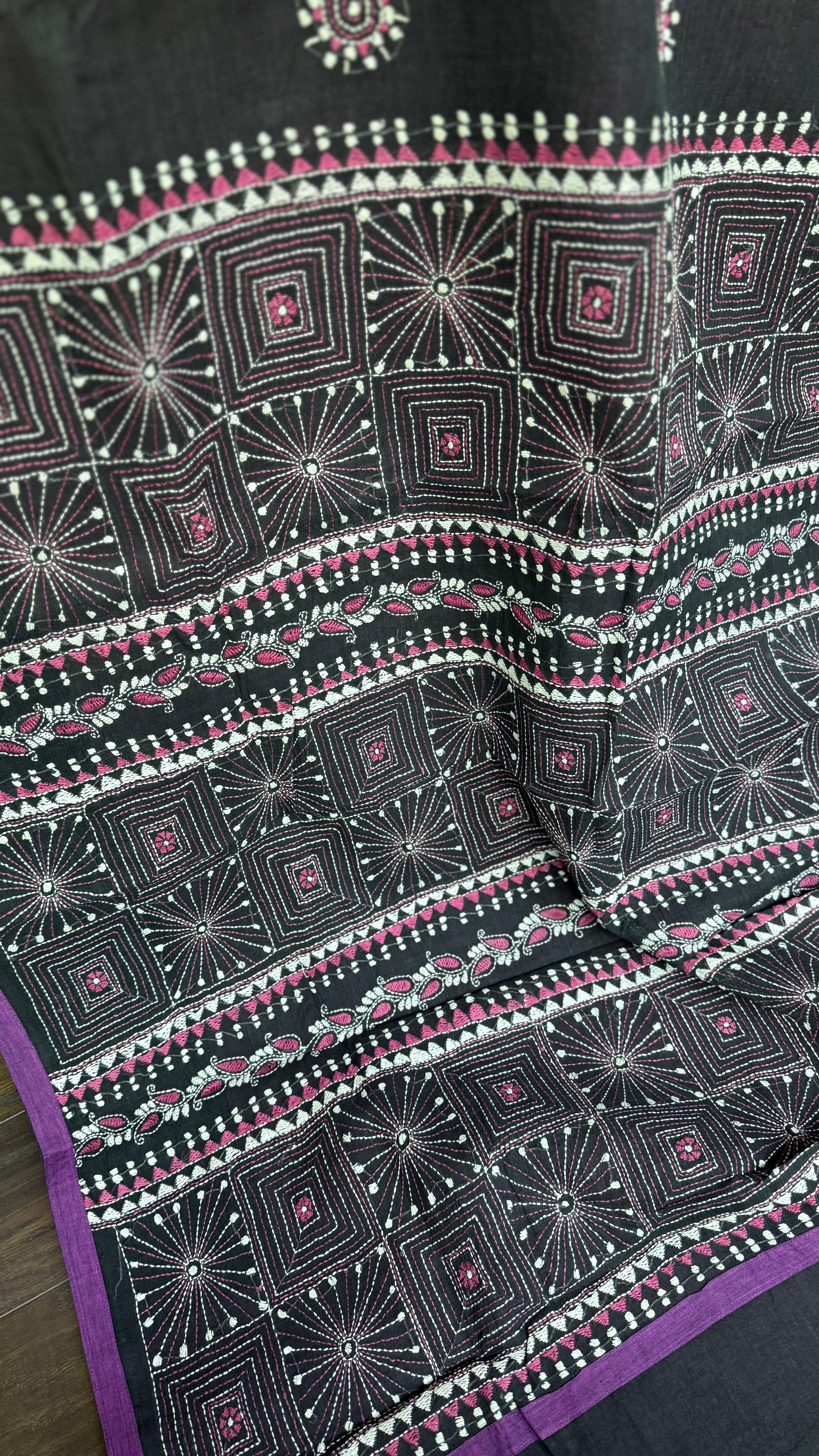 Cotton Kantha Stitch -  Mauve Purple Black Half Half