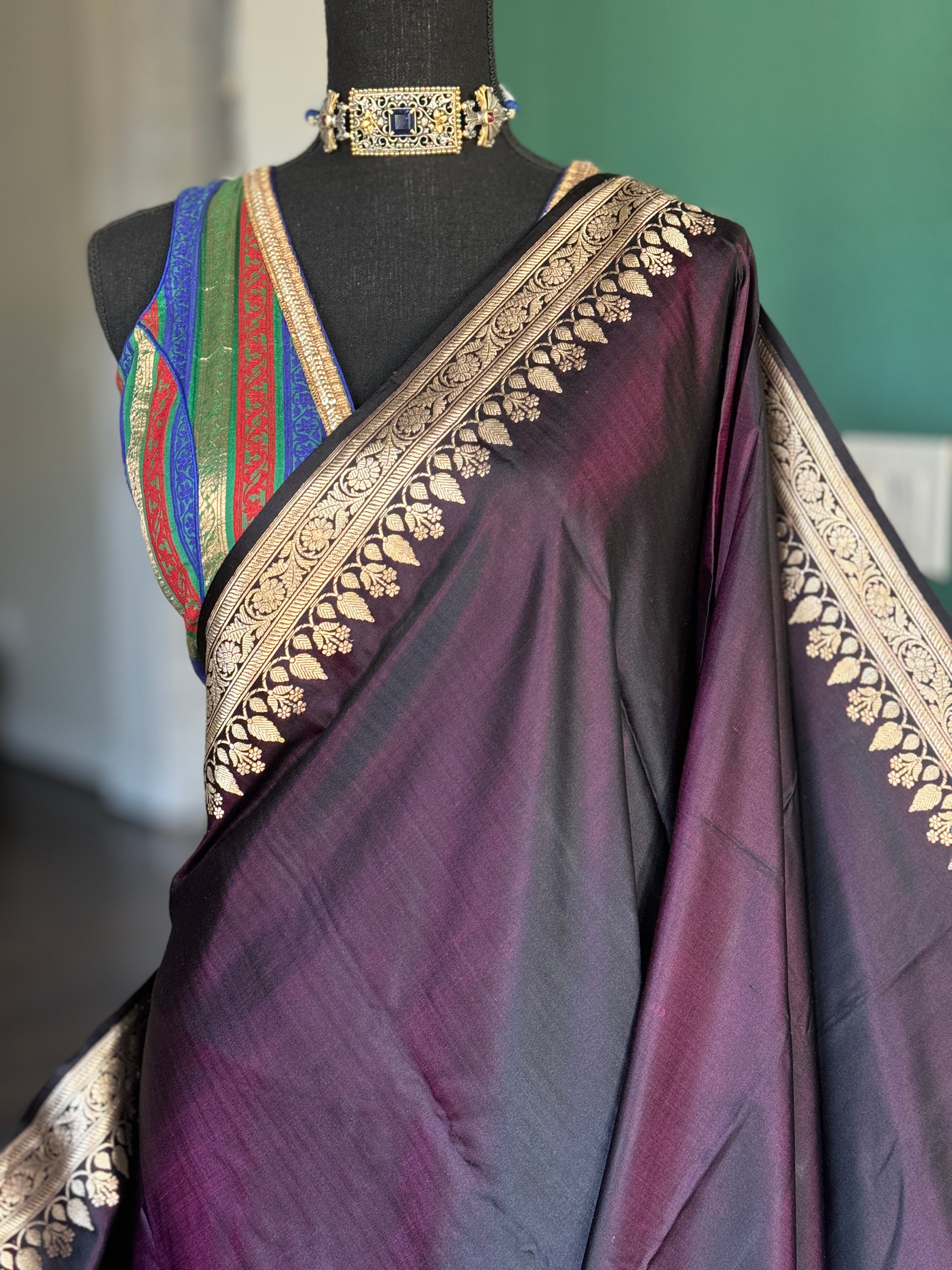 Pure Silk Mashru Banarasi- Black Purple