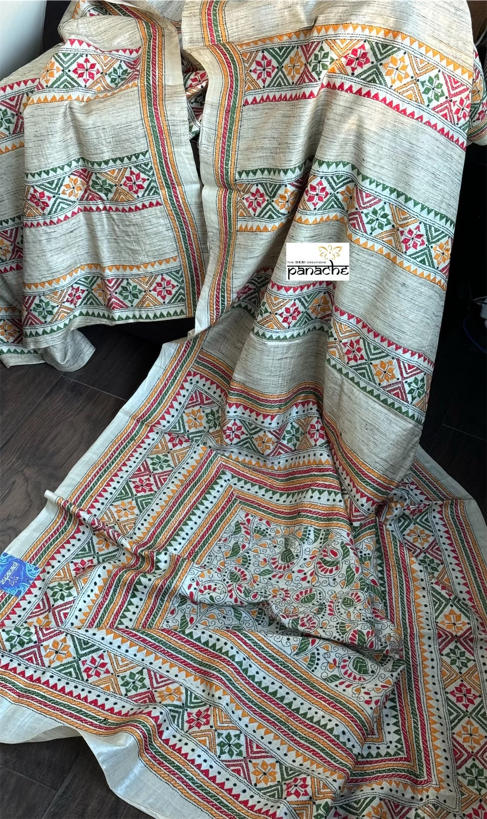 Pure Tussar Silk Kantha Stitch - Beige Multi color