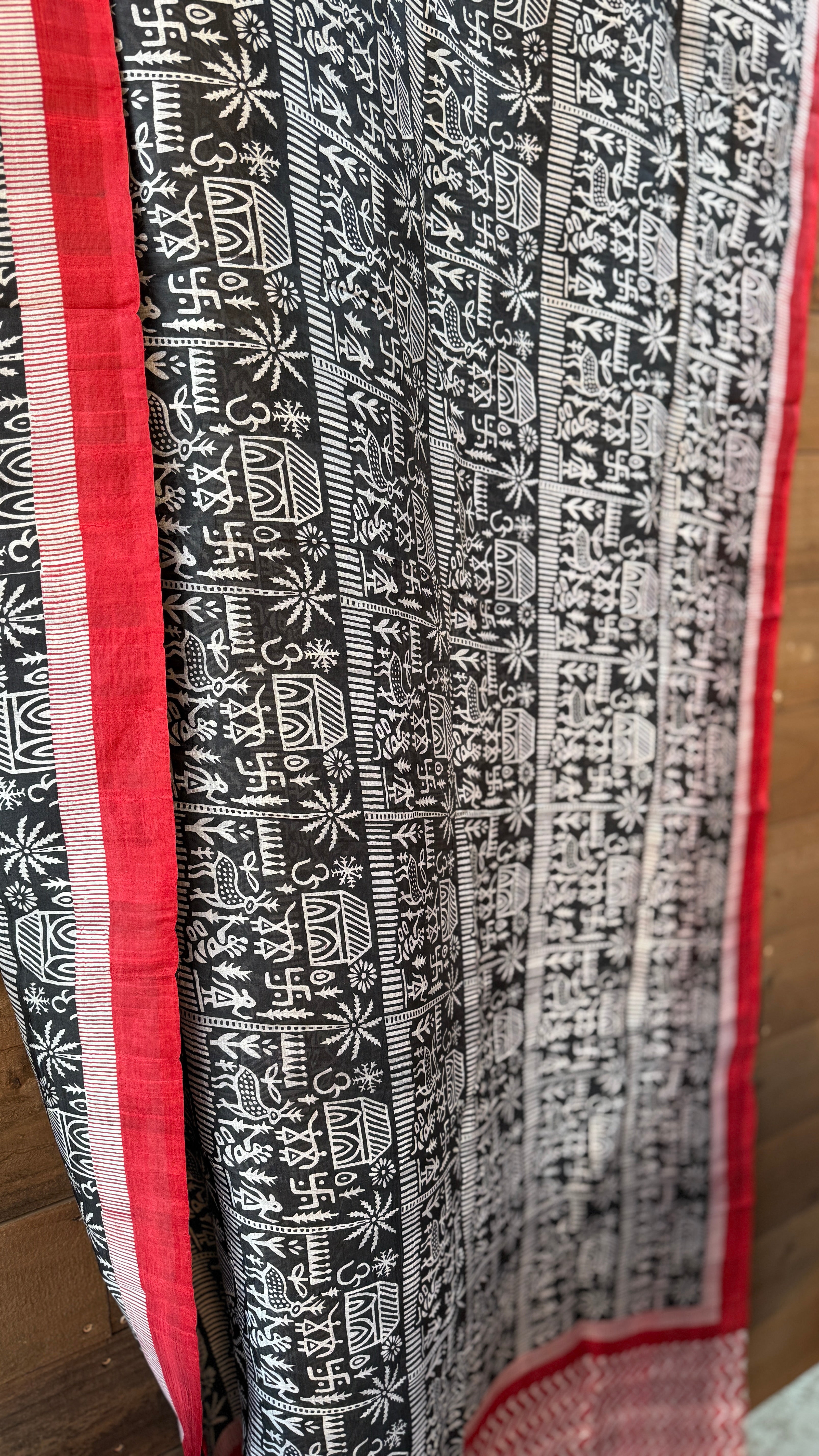 Pure Murshidabad Silk - Black White Red Printed