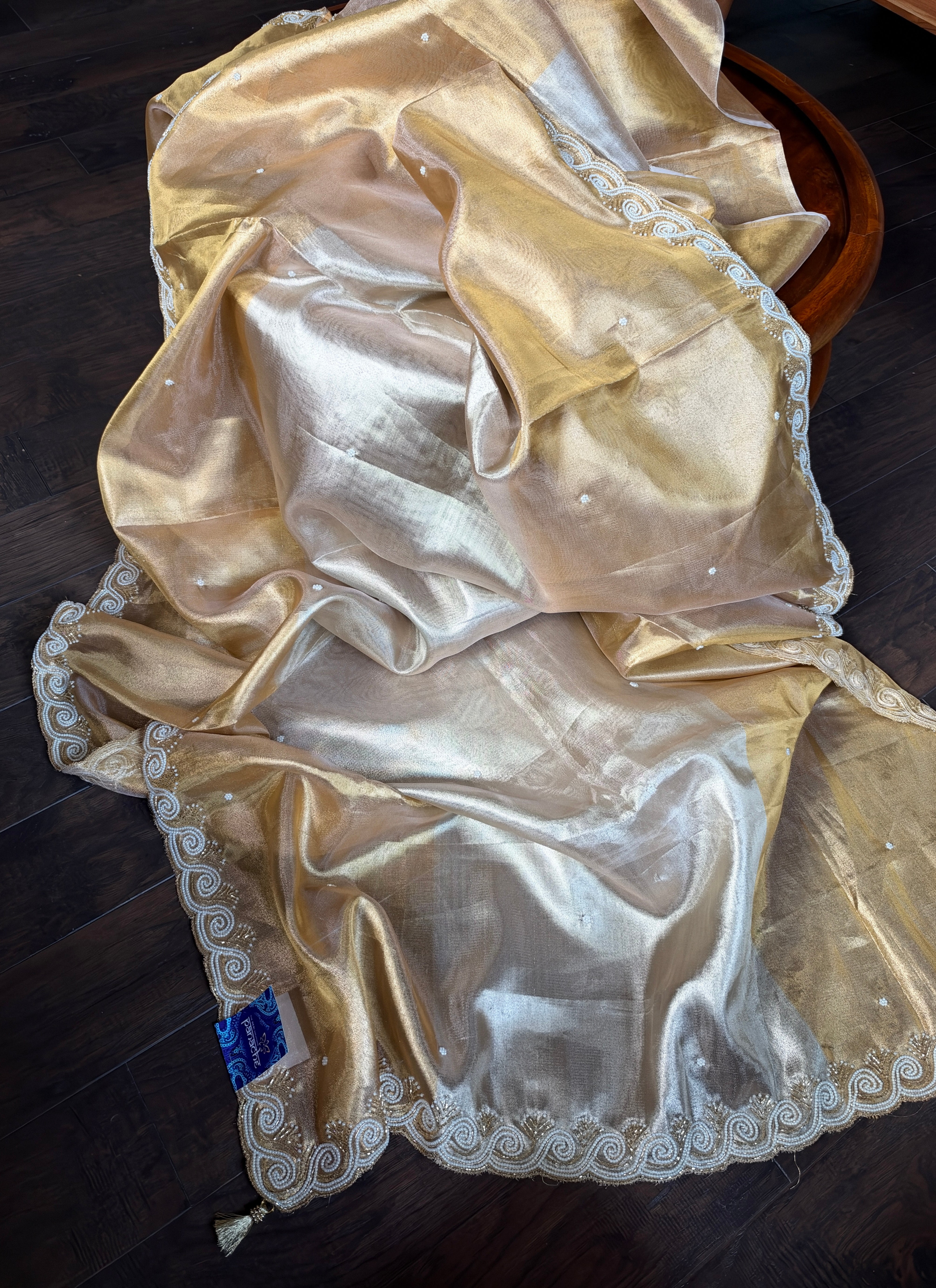 Designer Tissue Silk - Silver Golden Embroidered